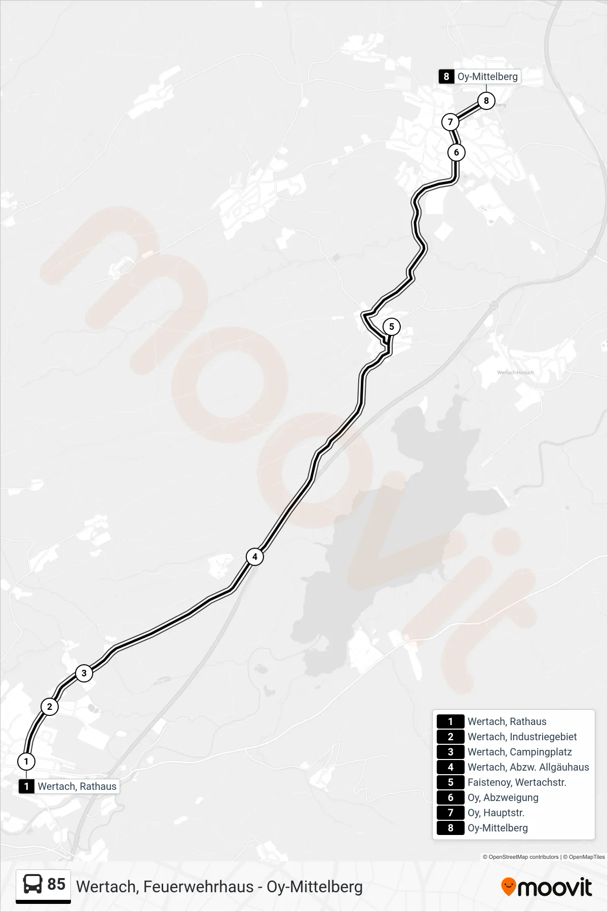 85 bus Line (Oy-Mittelberg) route and stops on a map