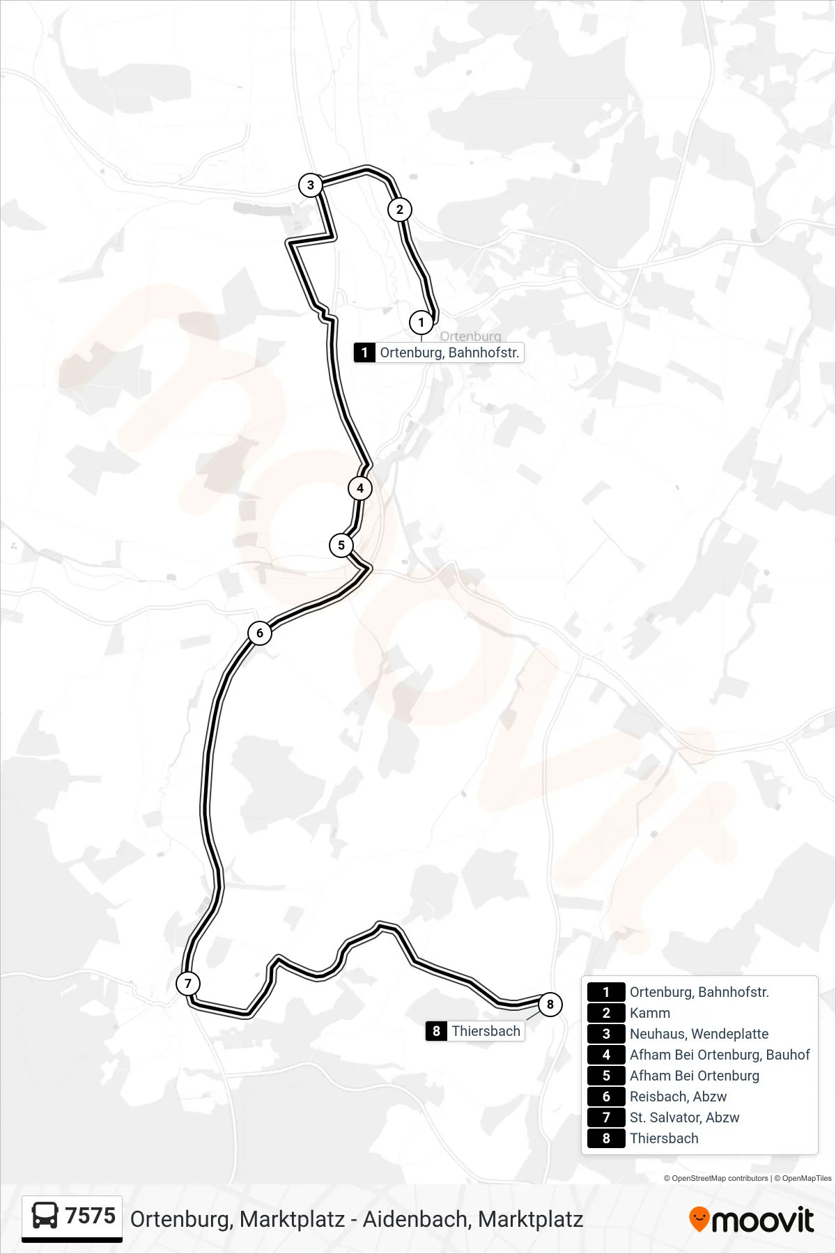 7575 bus Line (Thiersbach) route and stops on a map