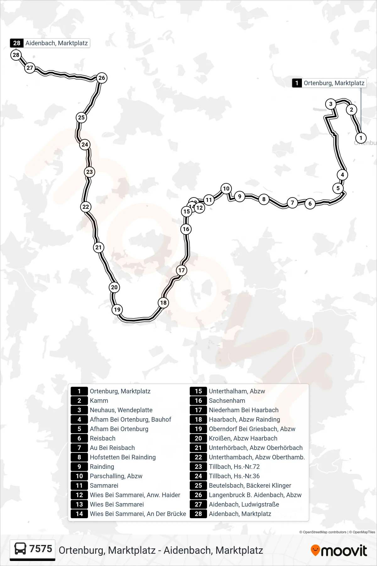 7575 bus Line (Aidenbach) route and stops on a map