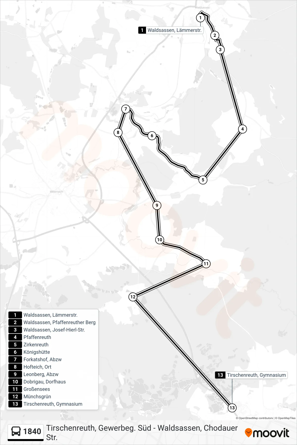 1840 bus Line (Tirschenreuth, Gymnasium) route and stops on a map