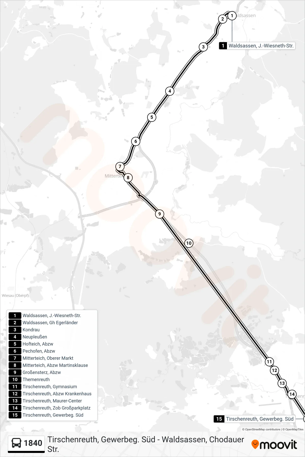 Linie 1840 (Bus) Richtung Tirschenreuth, Gewerbeg. Süd: Route und Haltestellen auf der Karte