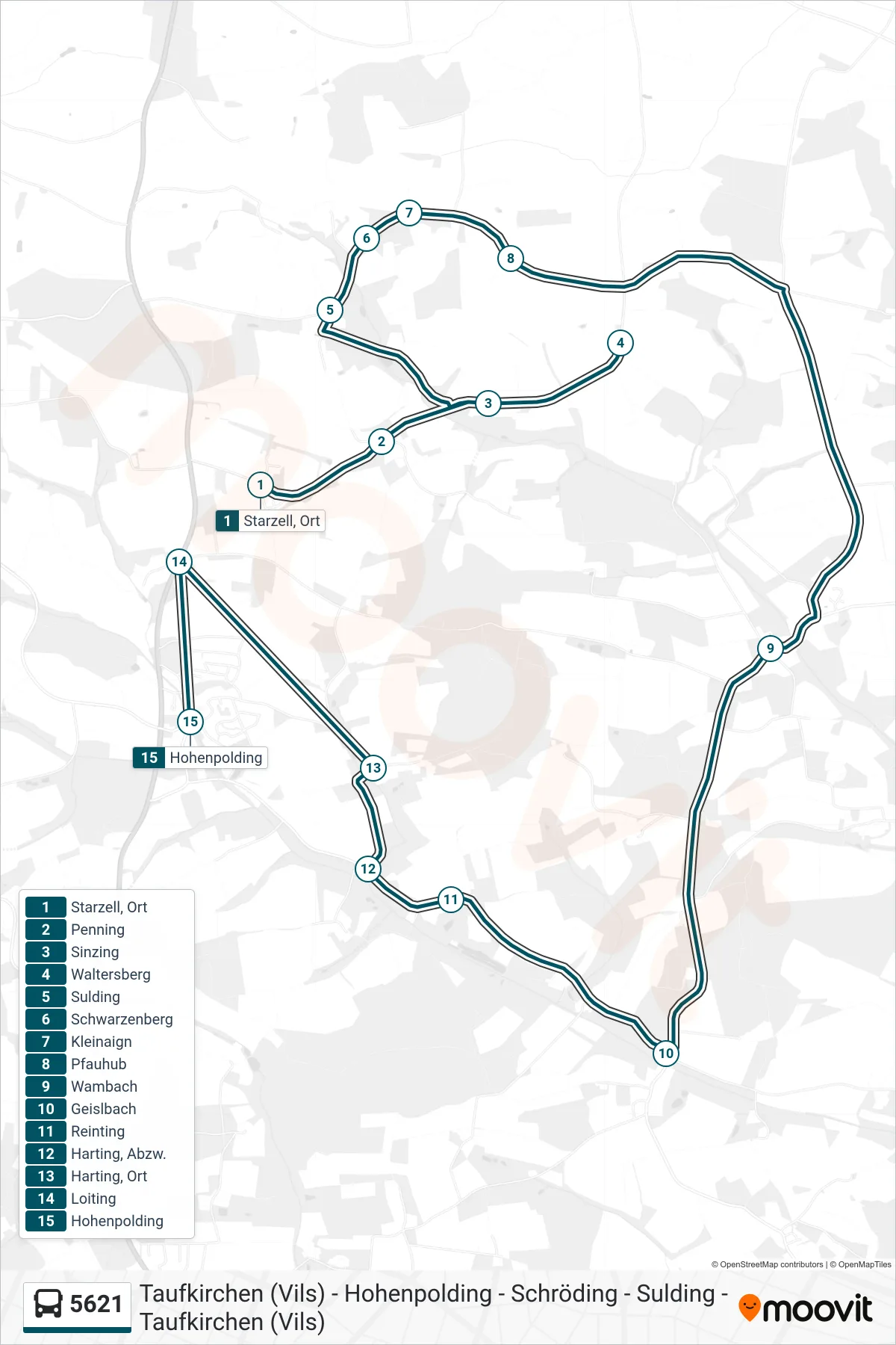 5621 bus Line (Hohenpolding) route and stops on a map