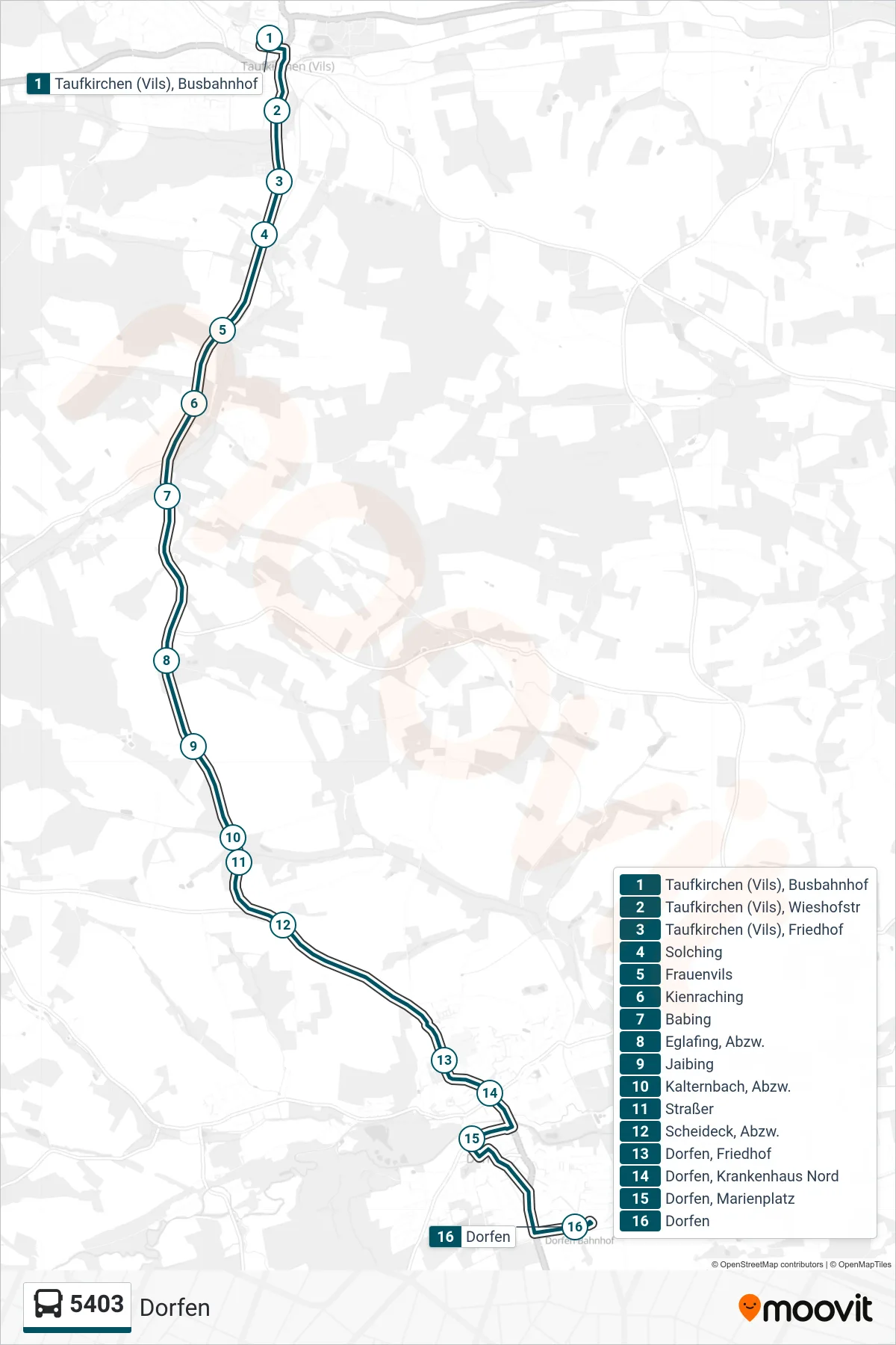 Linie 5403 (Bus) Richtung Dorfen: Route und Haltestellen auf der Karte