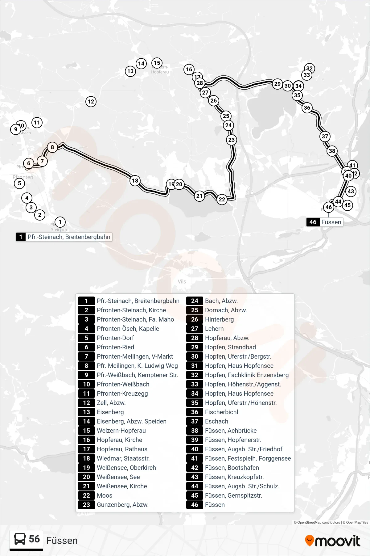 Linie 56 (Bus) Richtung Füssen: Route und Haltestellen auf der Karte