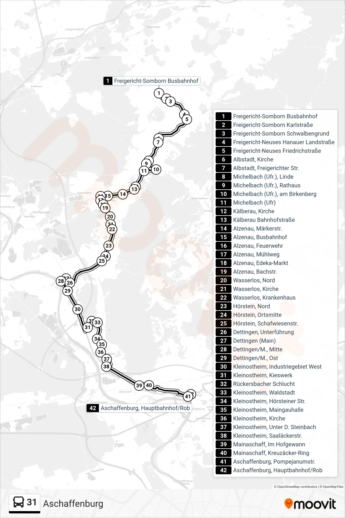 31 bus Line (Aschaffenburg) route and stops on a map