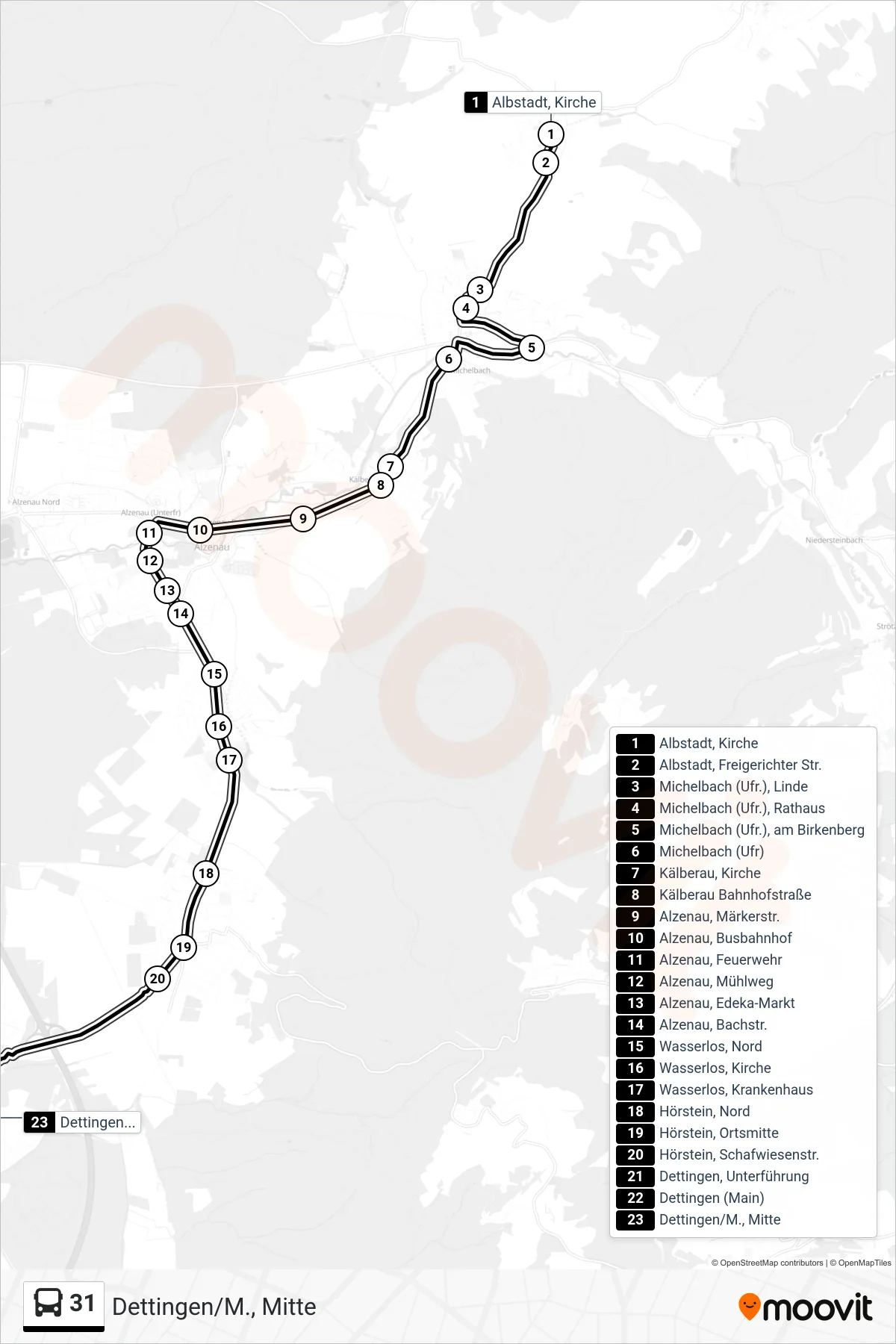 Linie 31 (Bus) Richtung Dettingen/M., Mitte: Route und Haltestellen auf der Karte