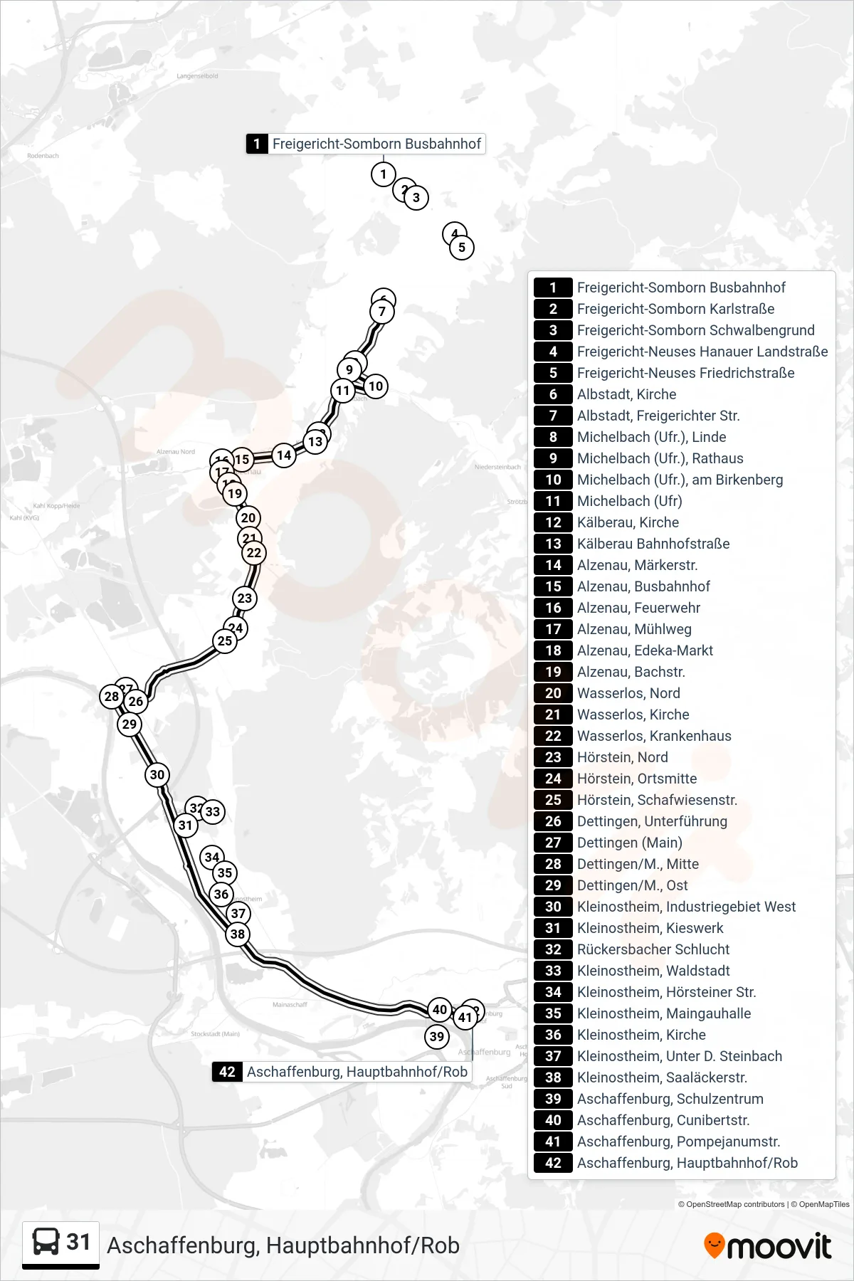 31 bus Line (Aschaffenburg, Hauptbahnhof/Rob) route and stops on a map