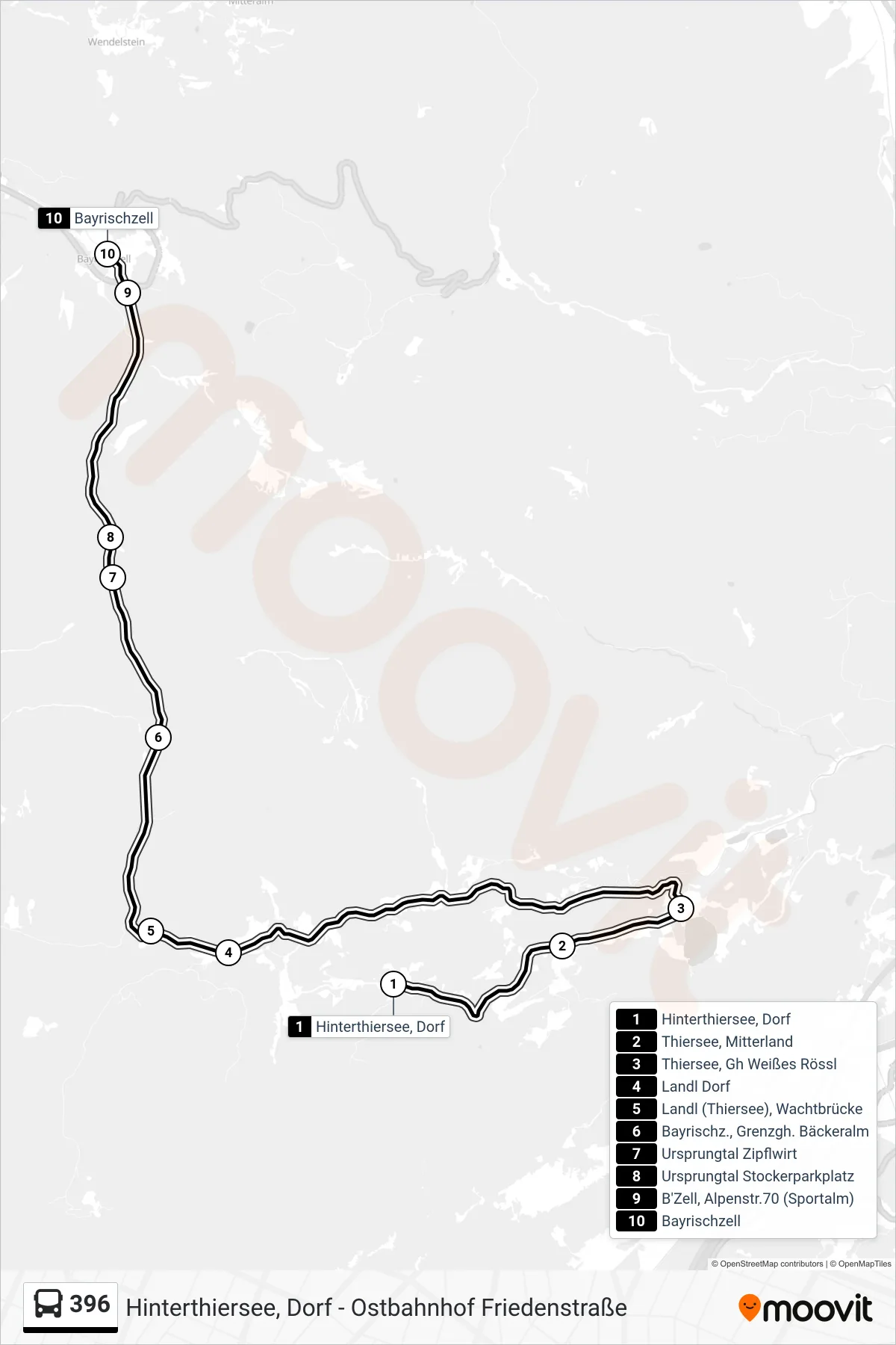 Linie 396 (Bus) Richtung Bayrischzell: Route und Haltestellen auf der Karte