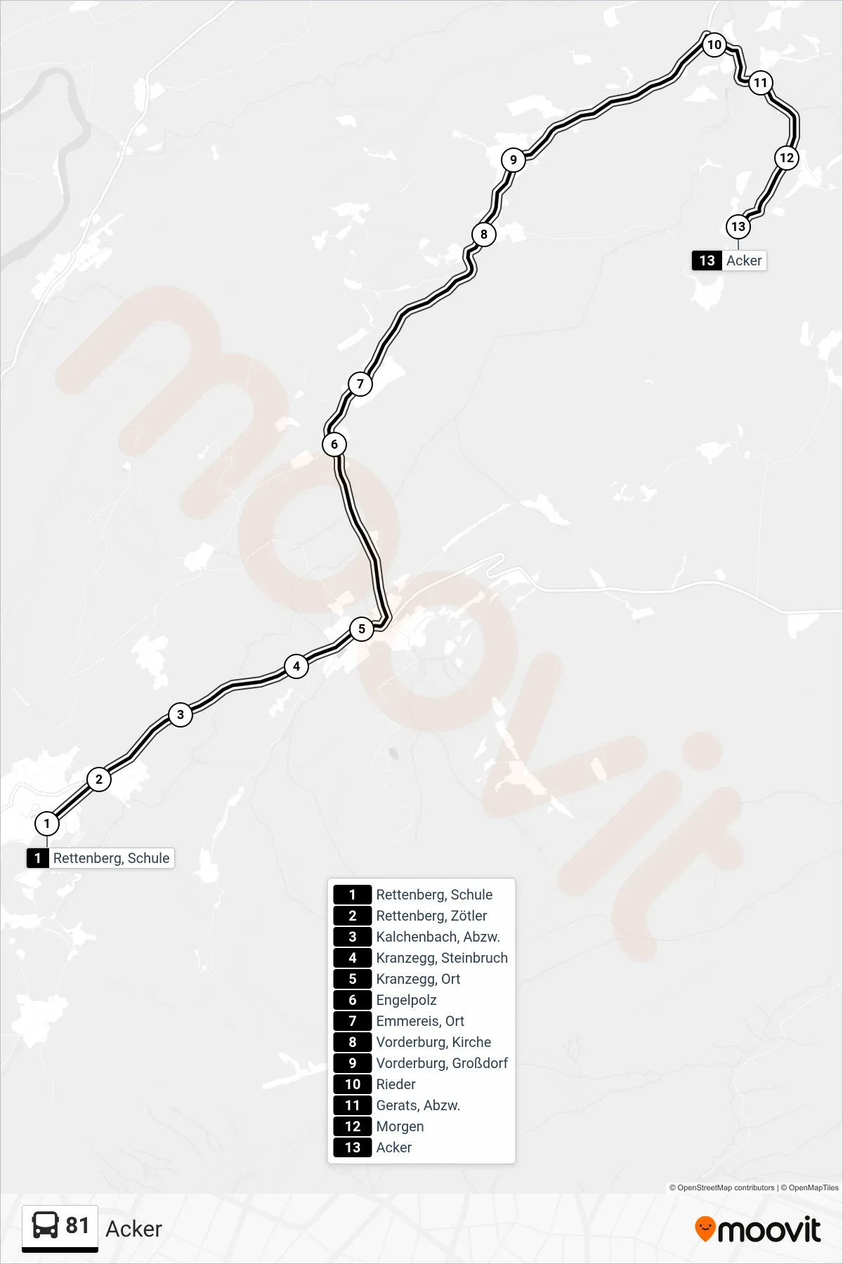 81 bus Line (Acker) route and stops on a map
