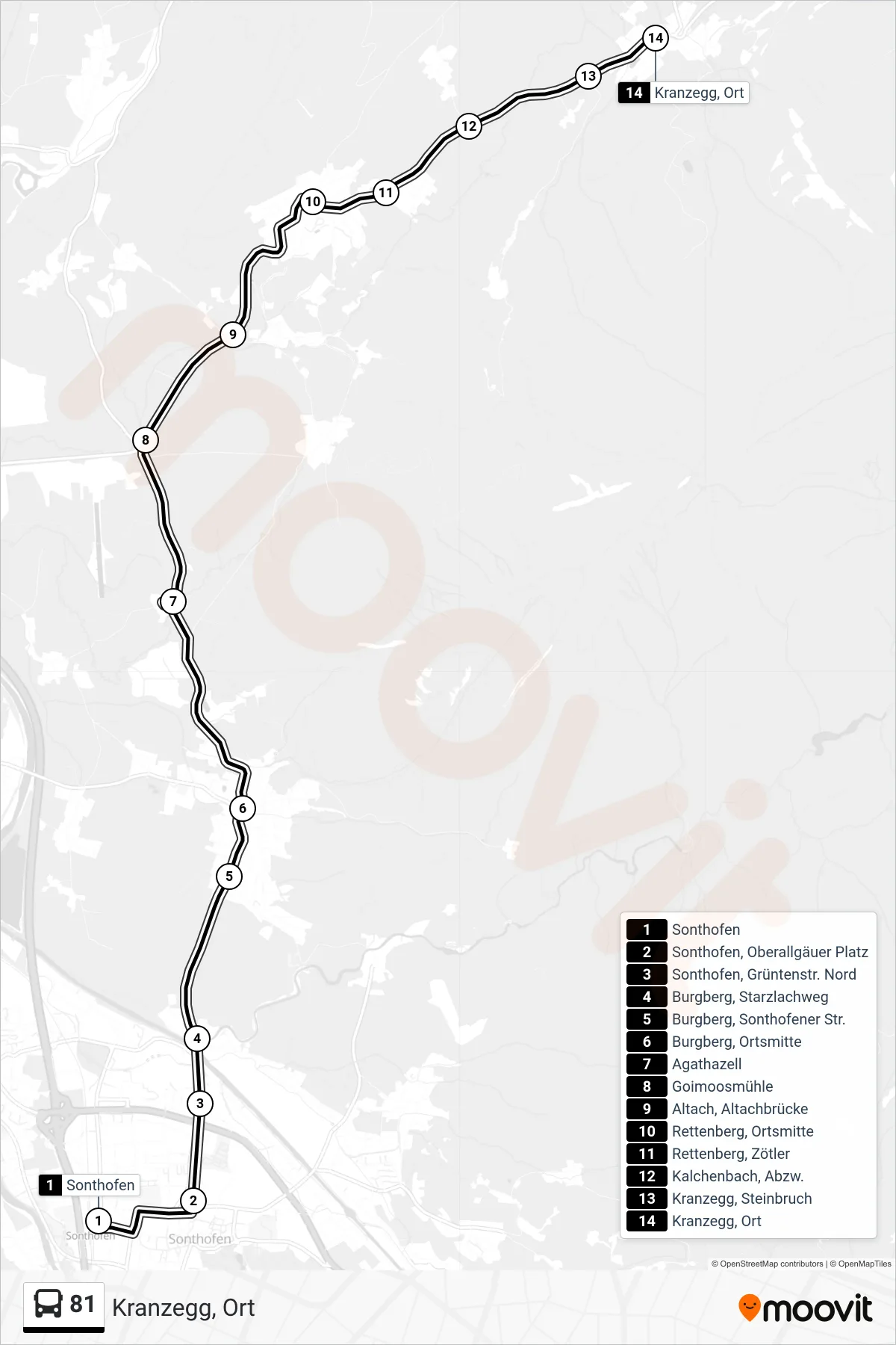 81 bus Line (Kranzegg, Ort) route and stops on a map