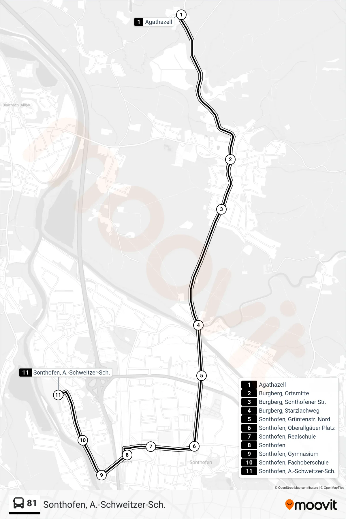 81 bus Line (Sonthofen, A.-Schweitzer-Sch.) route and stops on a map