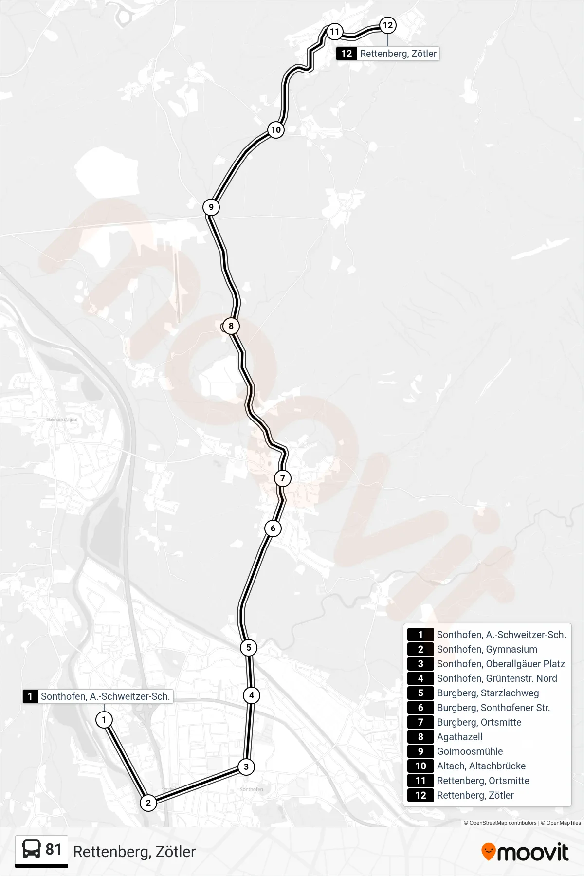 81 bus Line (Rettenberg, Zötler) route and stops on a map