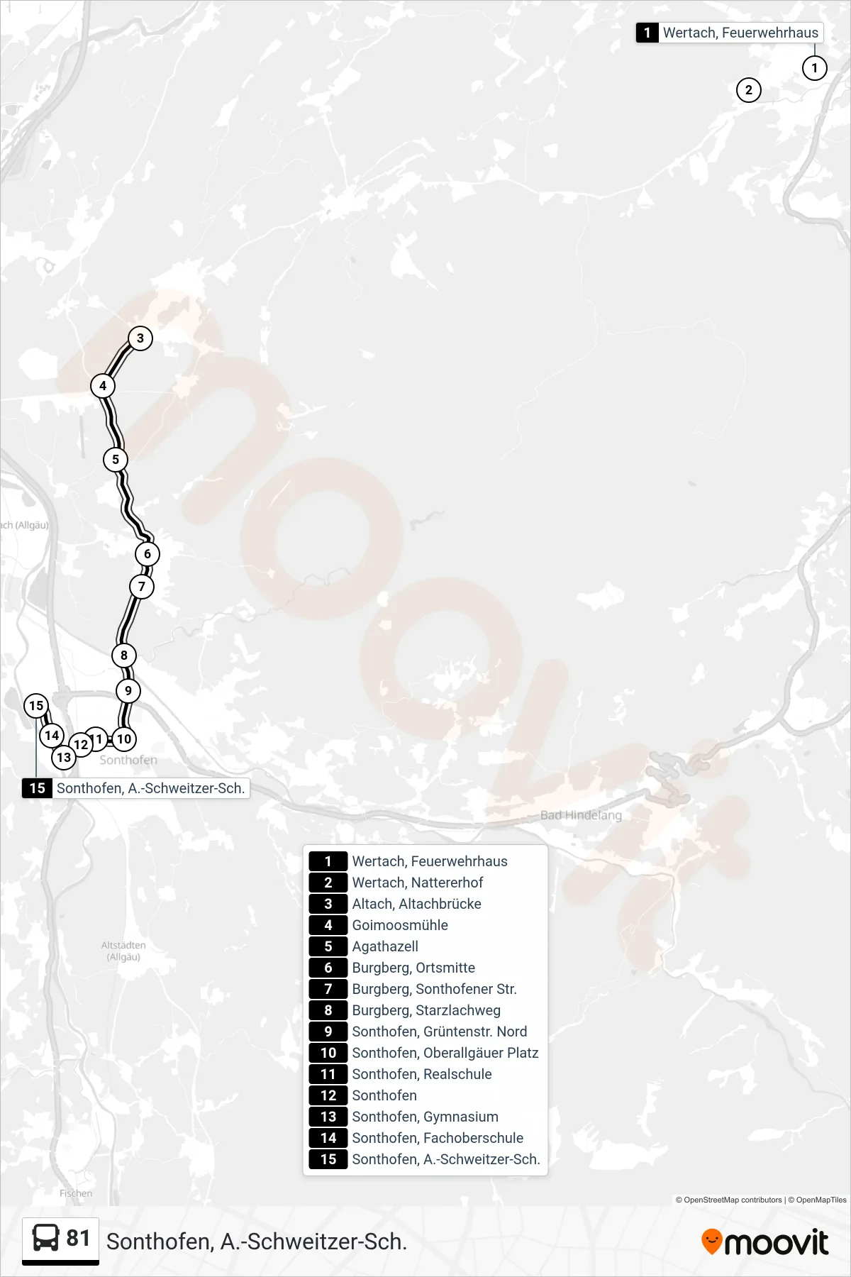 81 bus Line (Sonthofen, A.-Schweitzer-Sch.) route and stops on a map