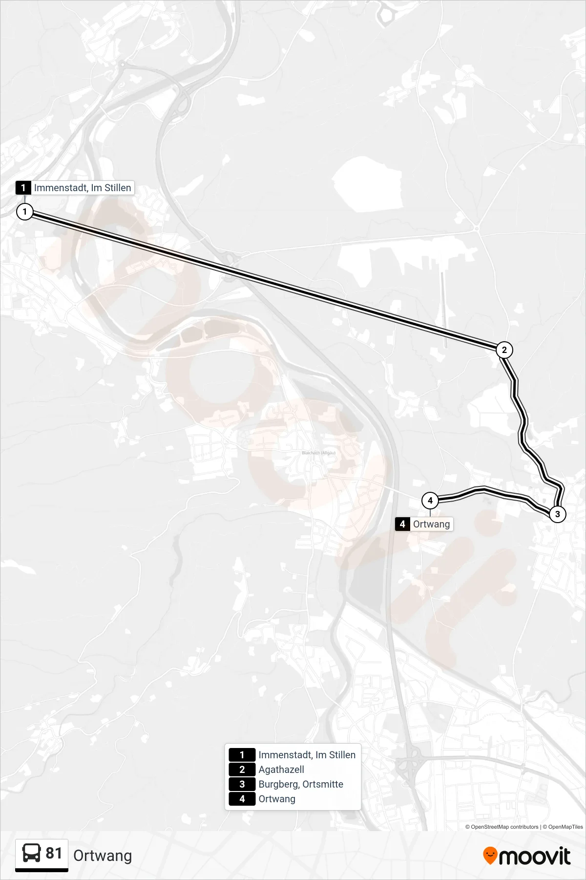 81 bus Line (Ortwang) route and stops on a map