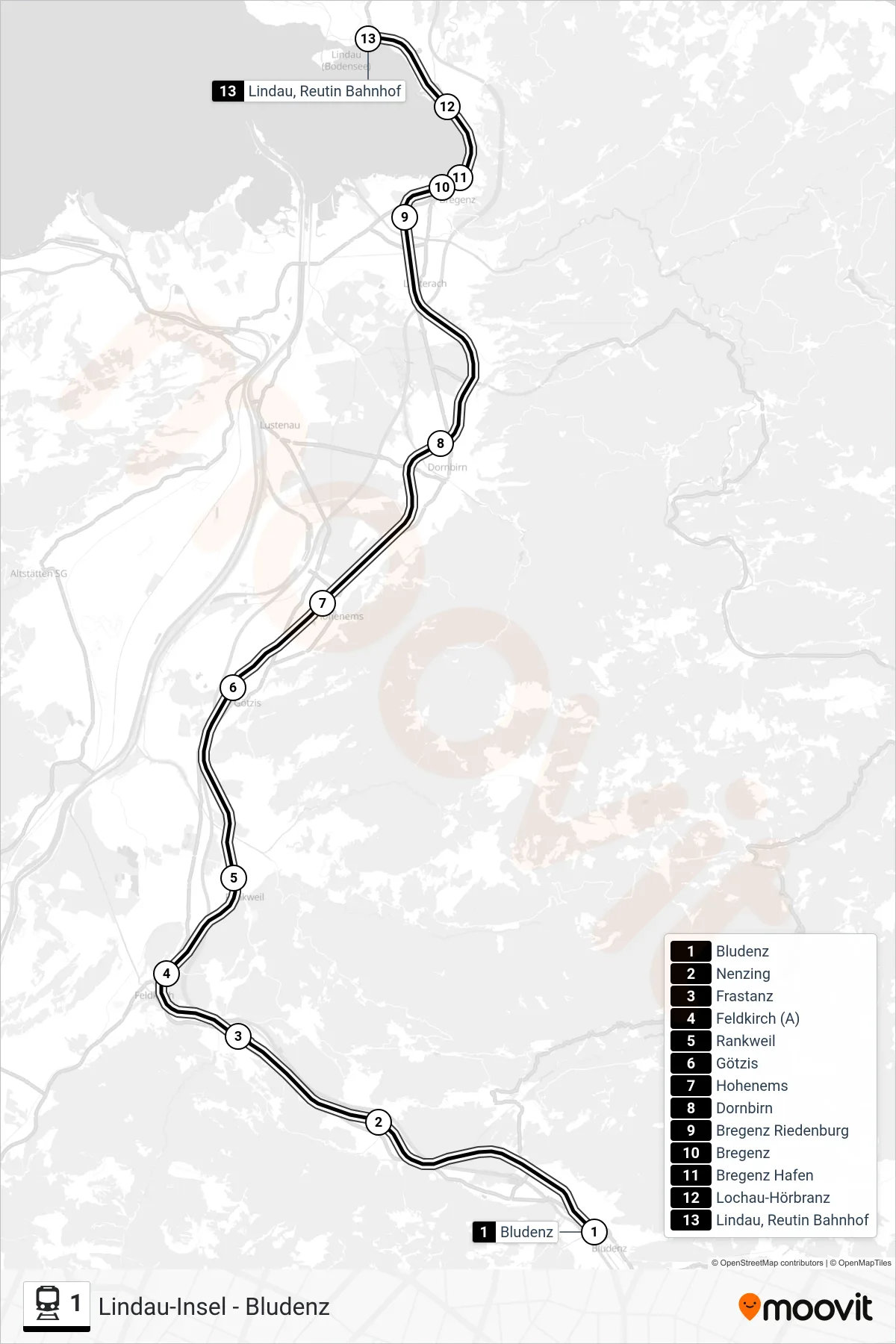 Linie 1 (Bahn) Richtung Lindau, Reutin Bahnhof: Route und Haltestellen auf der Karte