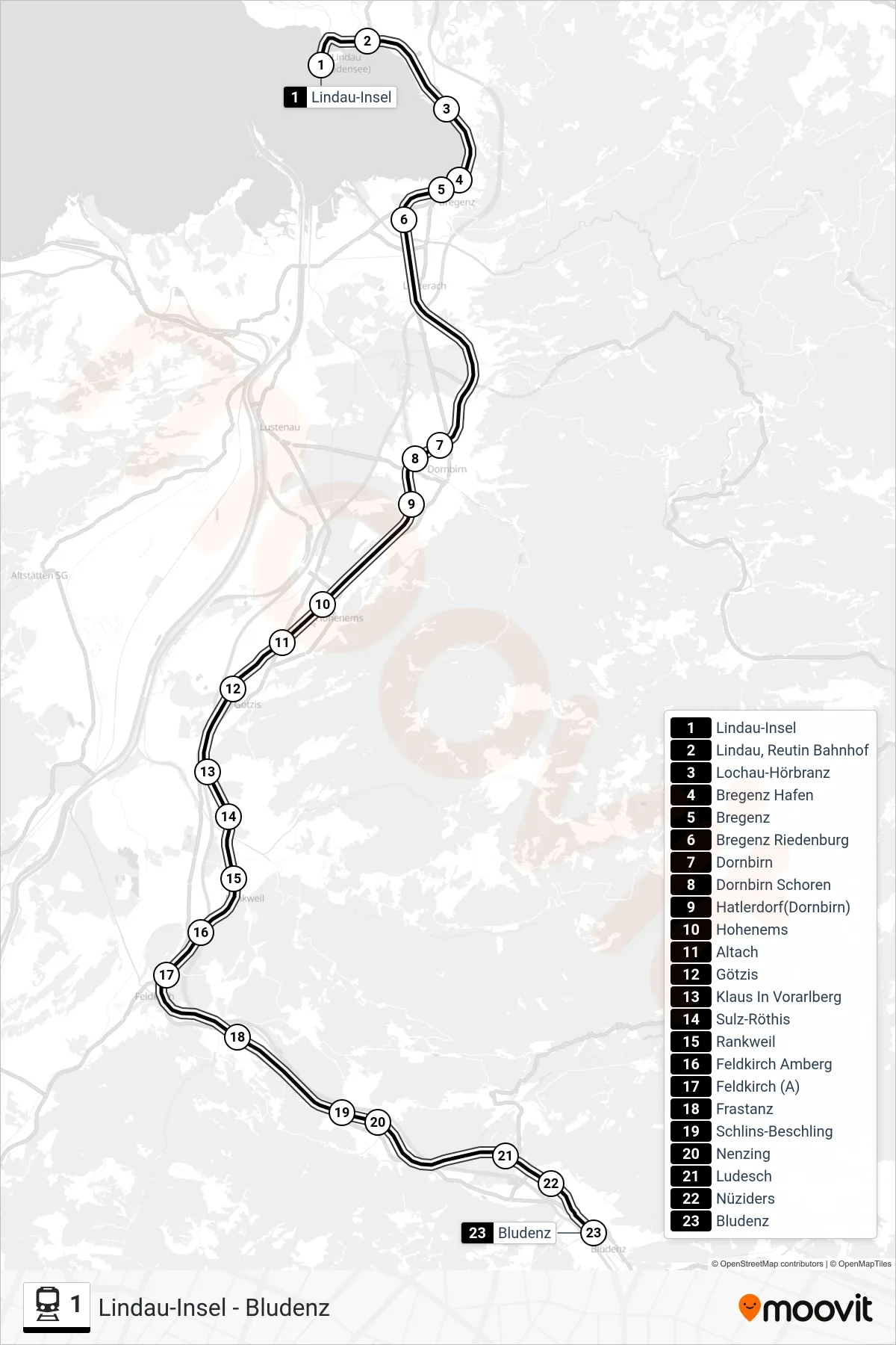 1 train Line (Bludenz) route and stops on a map