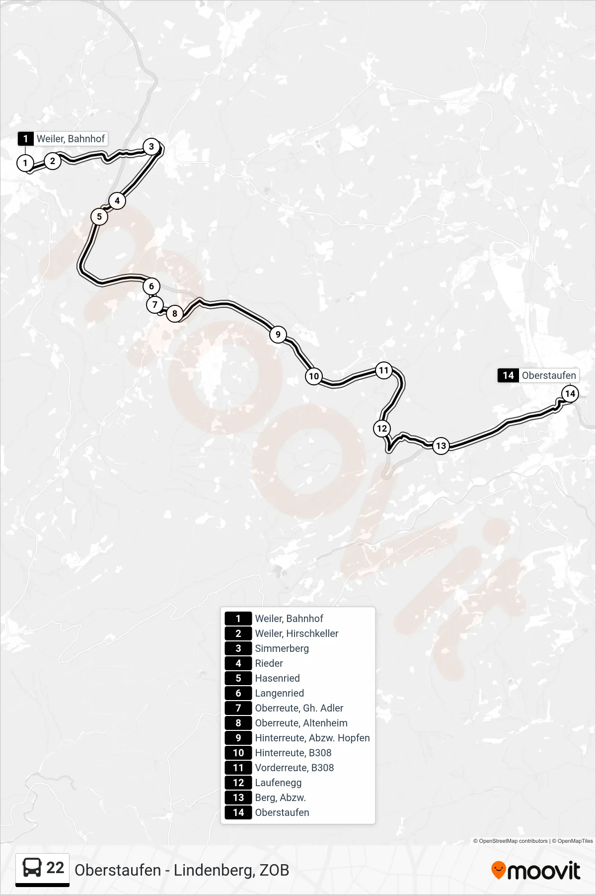 22 bus Line (Oberstaufen) route and stops on a map