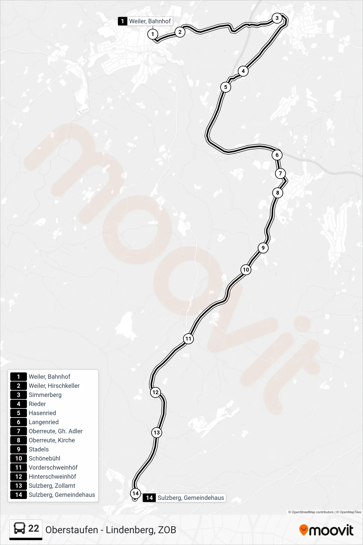 Linie 22 (Bus) Richtung Sulzberg, Gemeindehaus: Route und Haltestellen auf der Karte