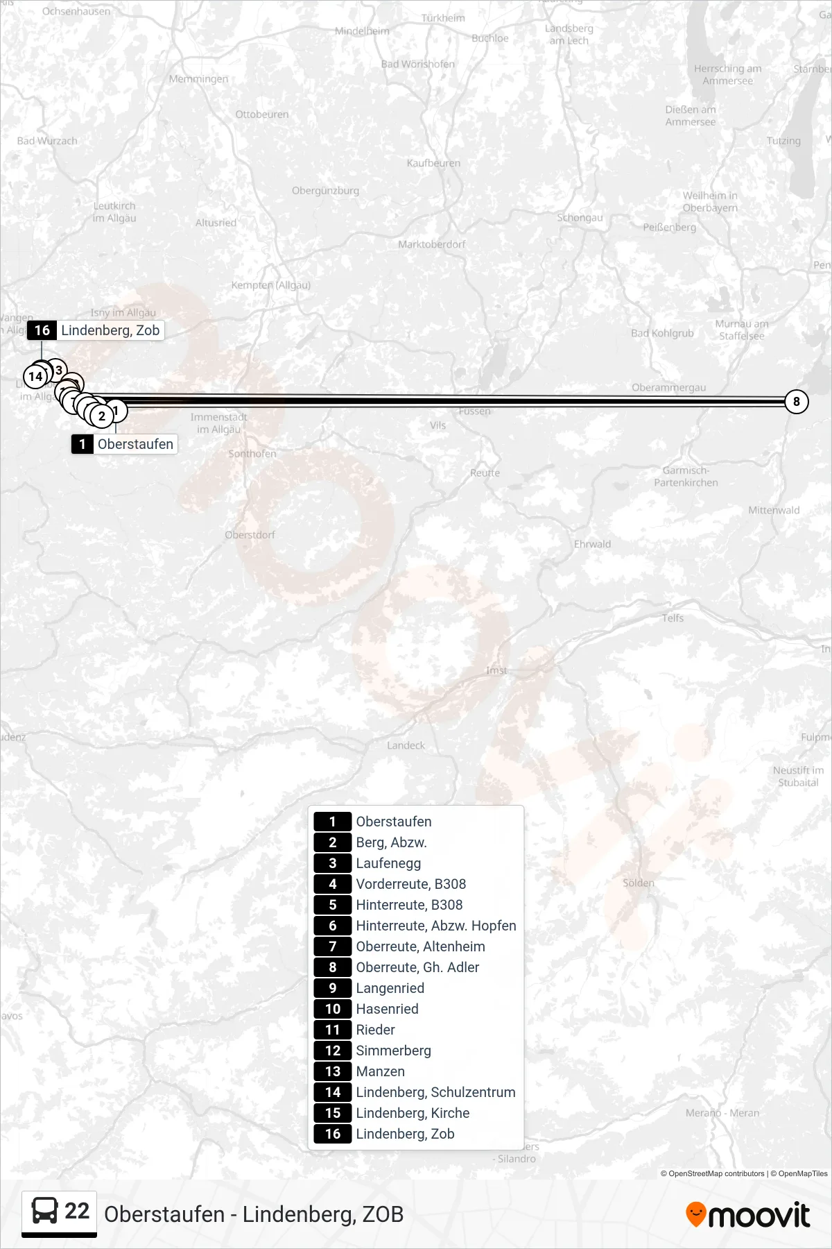 22 bus Line (Lindenberg, Zob) route and stops on a map