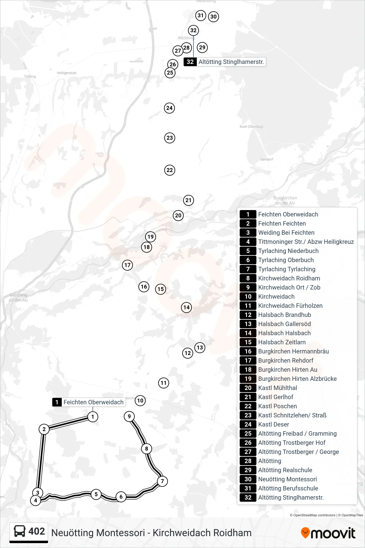 402 bus Line (Altötting\Nmontessori) route and stops on a map