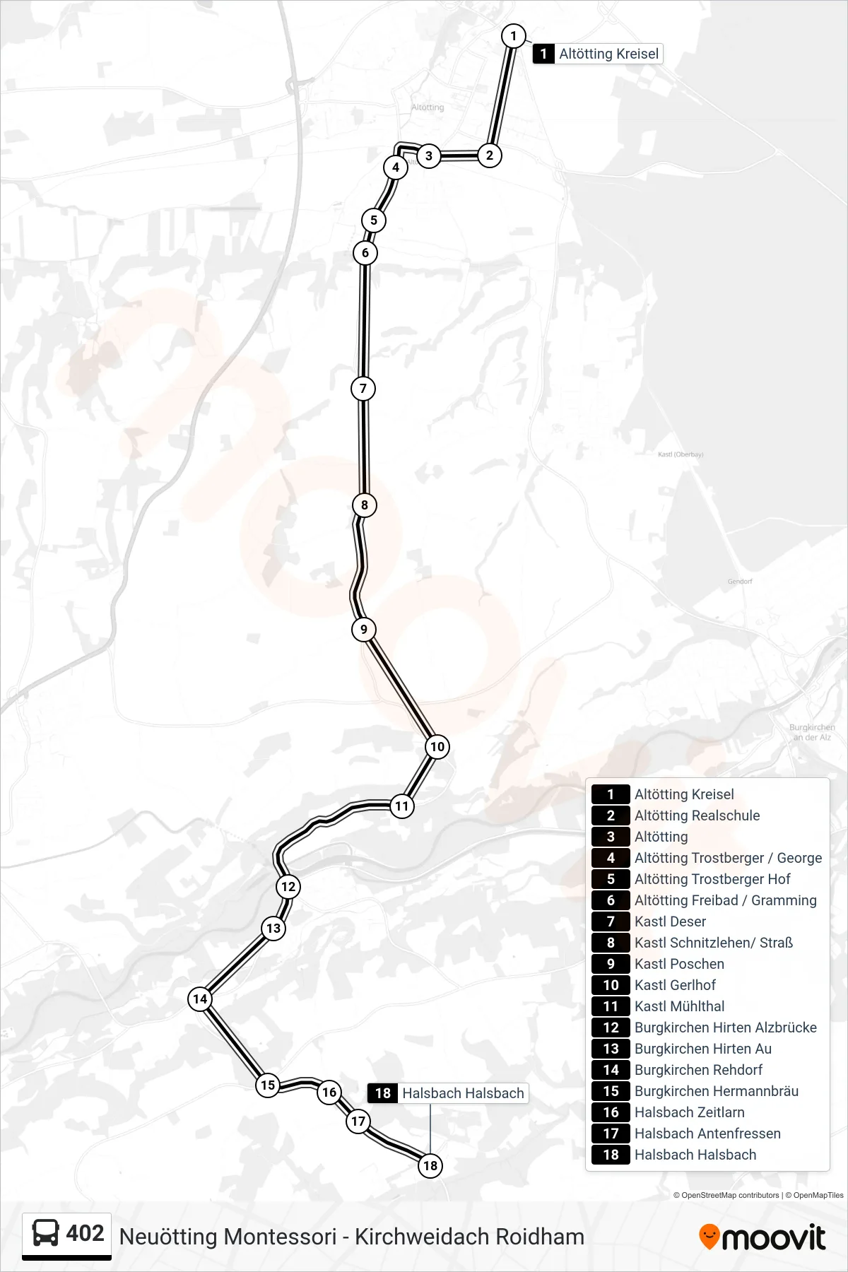 402 bus Line (Halsbach) route and stops on a map