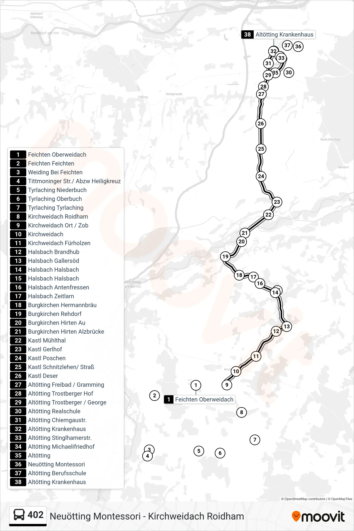 402 bus Line (Altötting) route and stops on a map