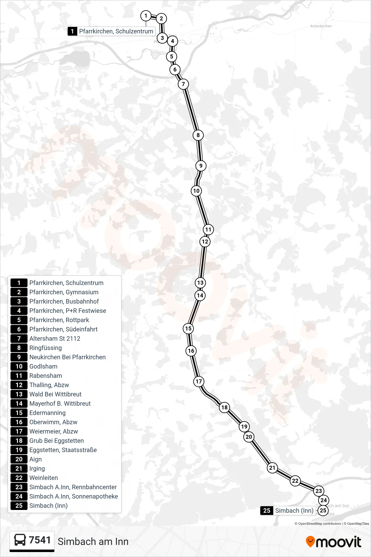 7541 bus Line (Simbach am Inn) route and stops on a map