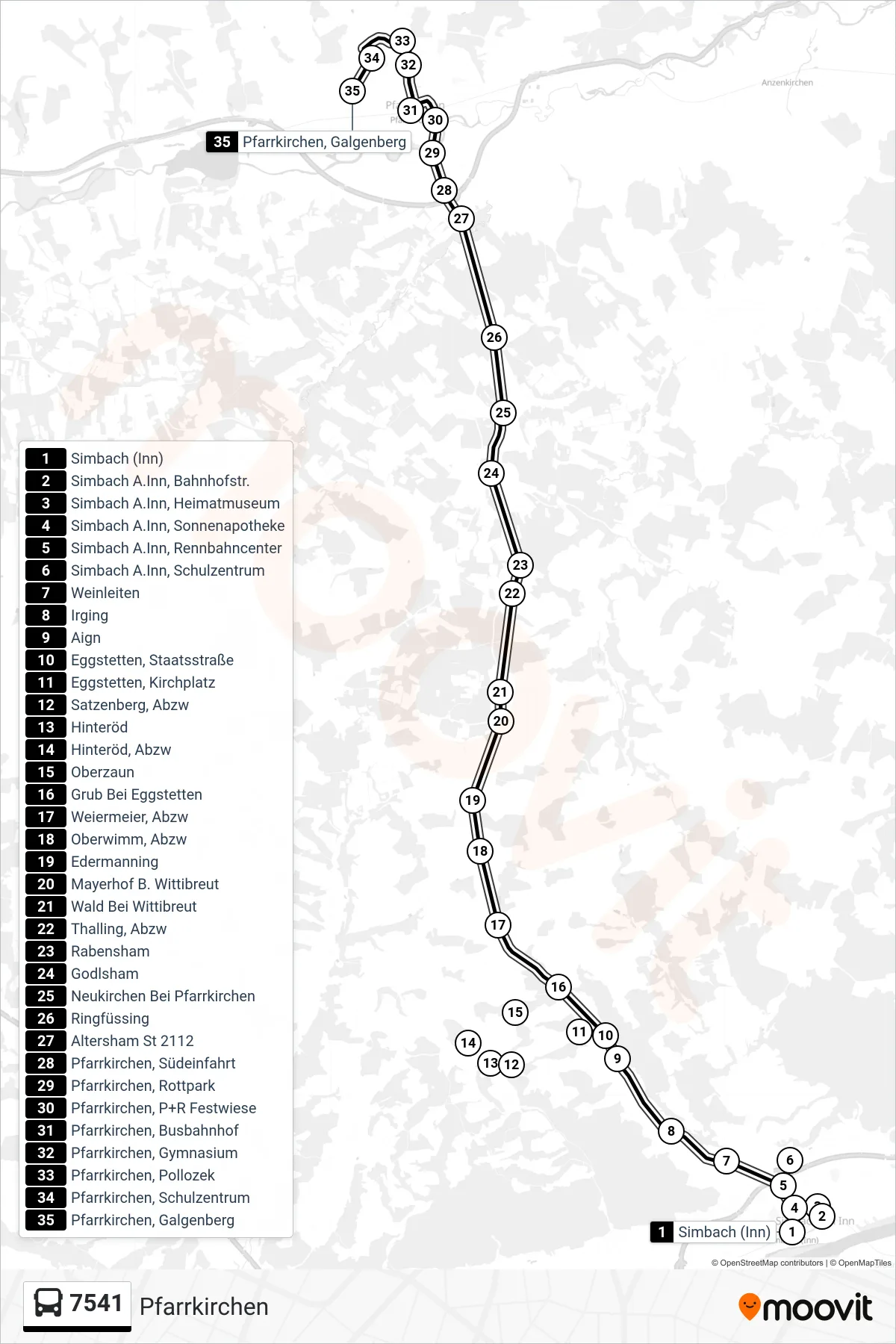7541 bus Line (Pfarrkirchen) route and stops on a map