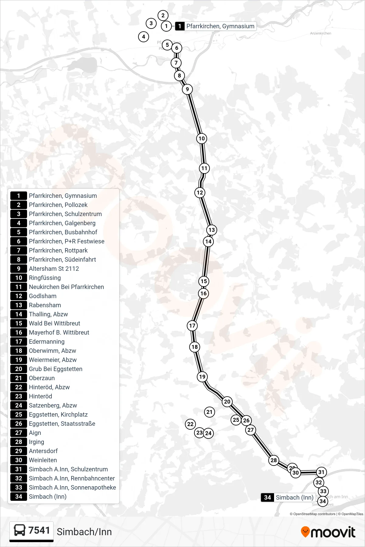 7541 bus Line (Simbach/Inn) route and stops on a map