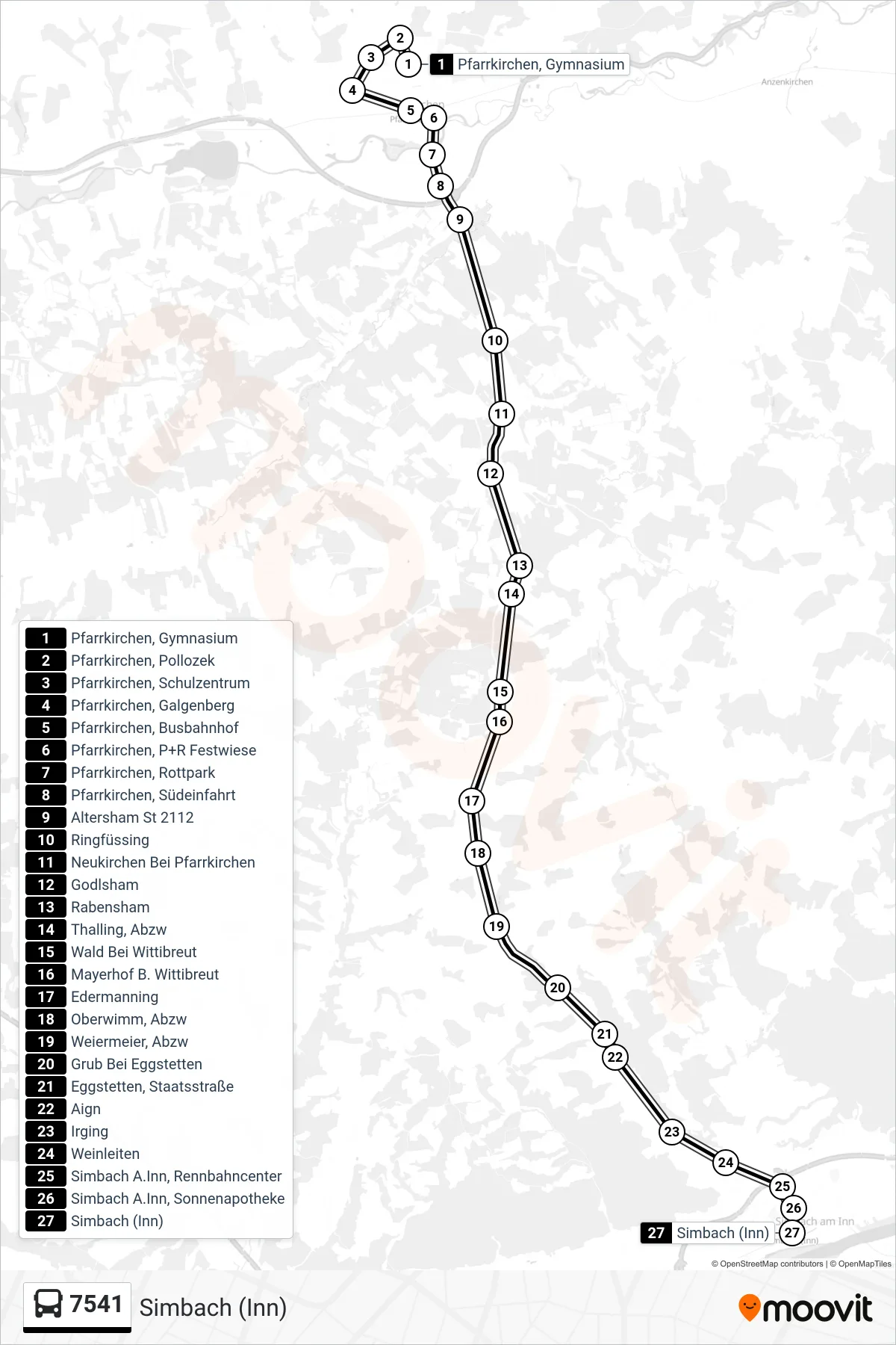 7541 bus Line (Simbach (Inn)) route and stops on a map