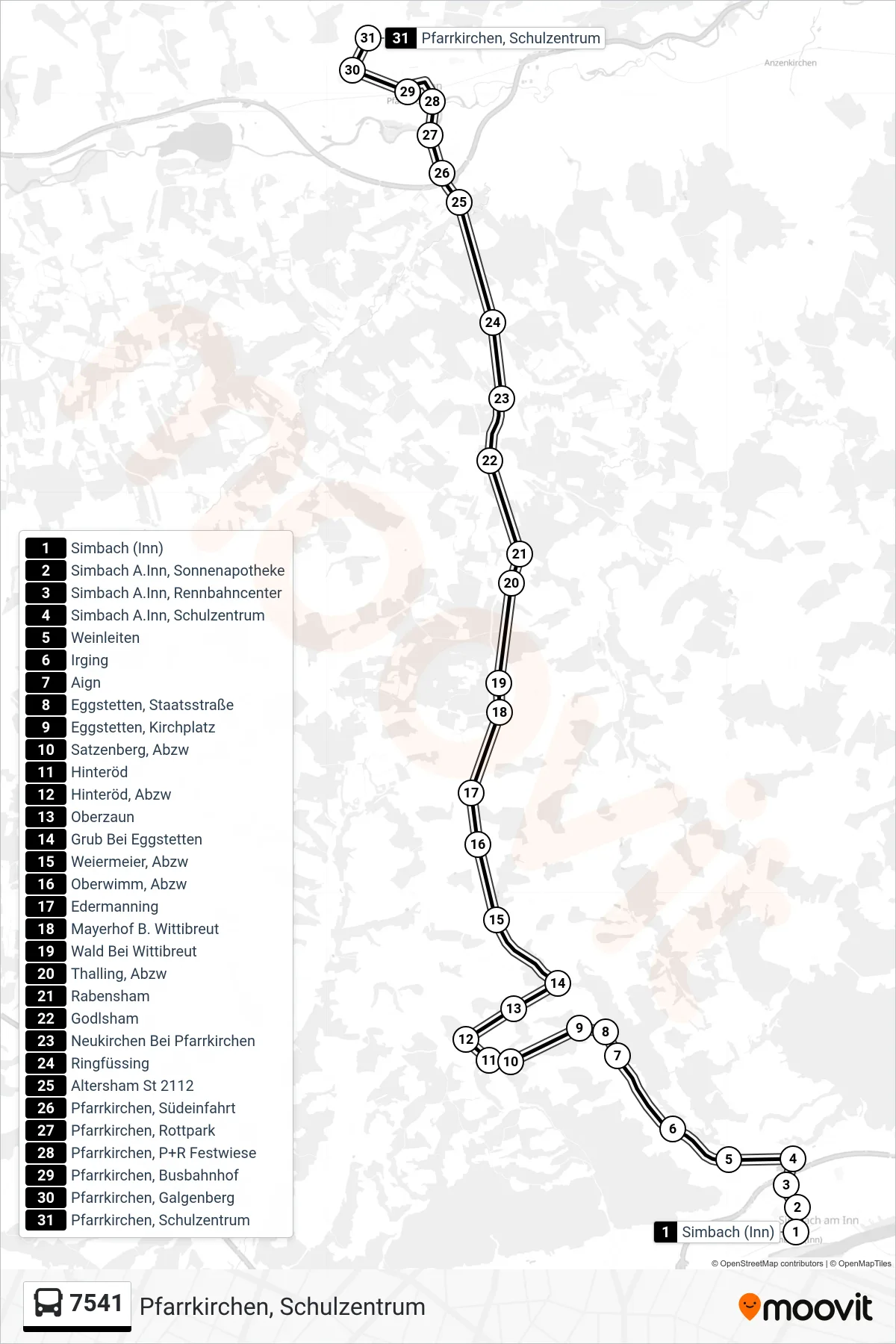 Linie 7541 (Bus) Richtung Pfarrkirchen, Schulzentrum: Route und Haltestellen auf der Karte