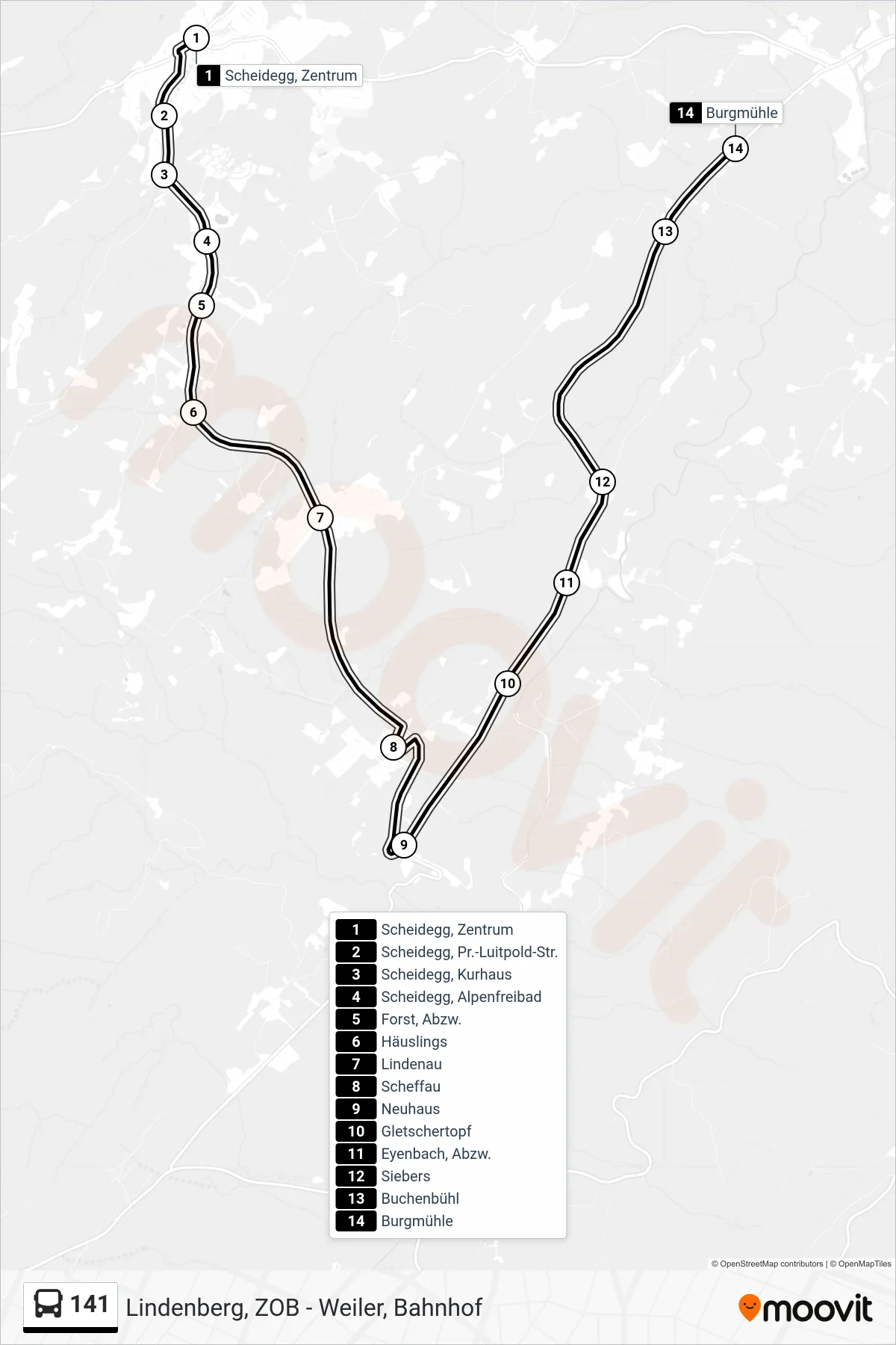 141 bus Line (Burgmühle) route and stops on a map