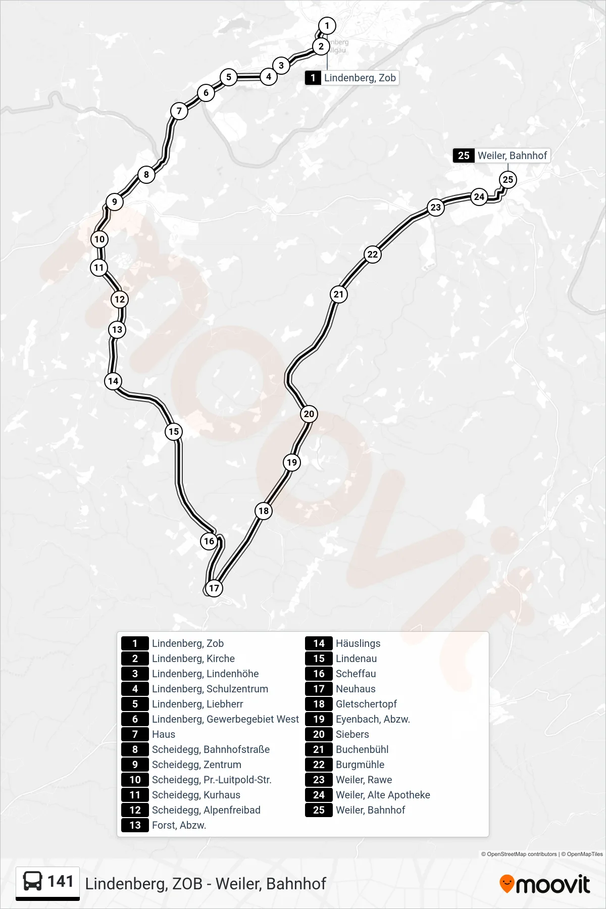 Linie 141 (Bus) Richtung Weiler, Bahnhof: Route und Haltestellen auf der Karte