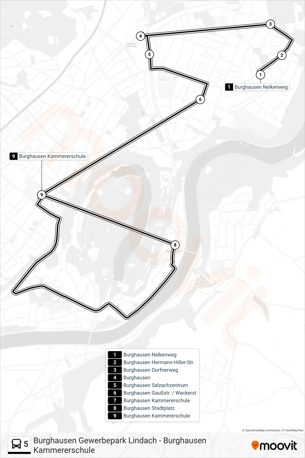 5 bus Line (Stadtplatz) route and stops on a map