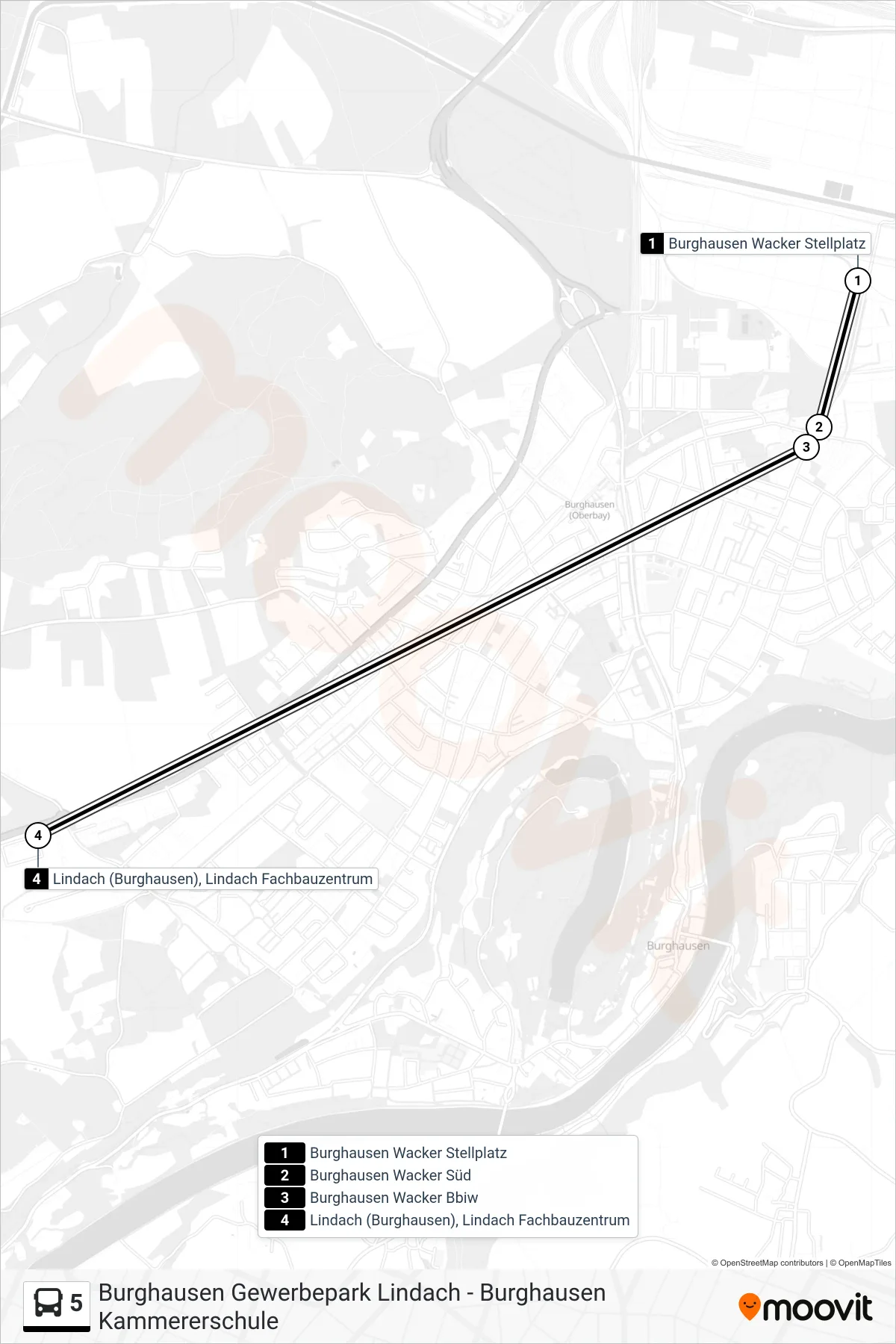 5 bus Line (Schulungszentrum\Nlindach) route and stops on a map