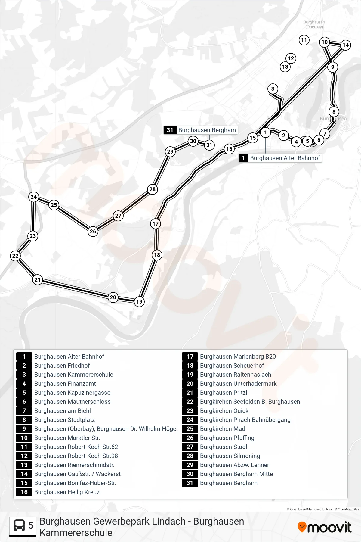 Linie 5 (Bus) Richtung Burghausen Bergham: Route und Haltestellen auf der Karte