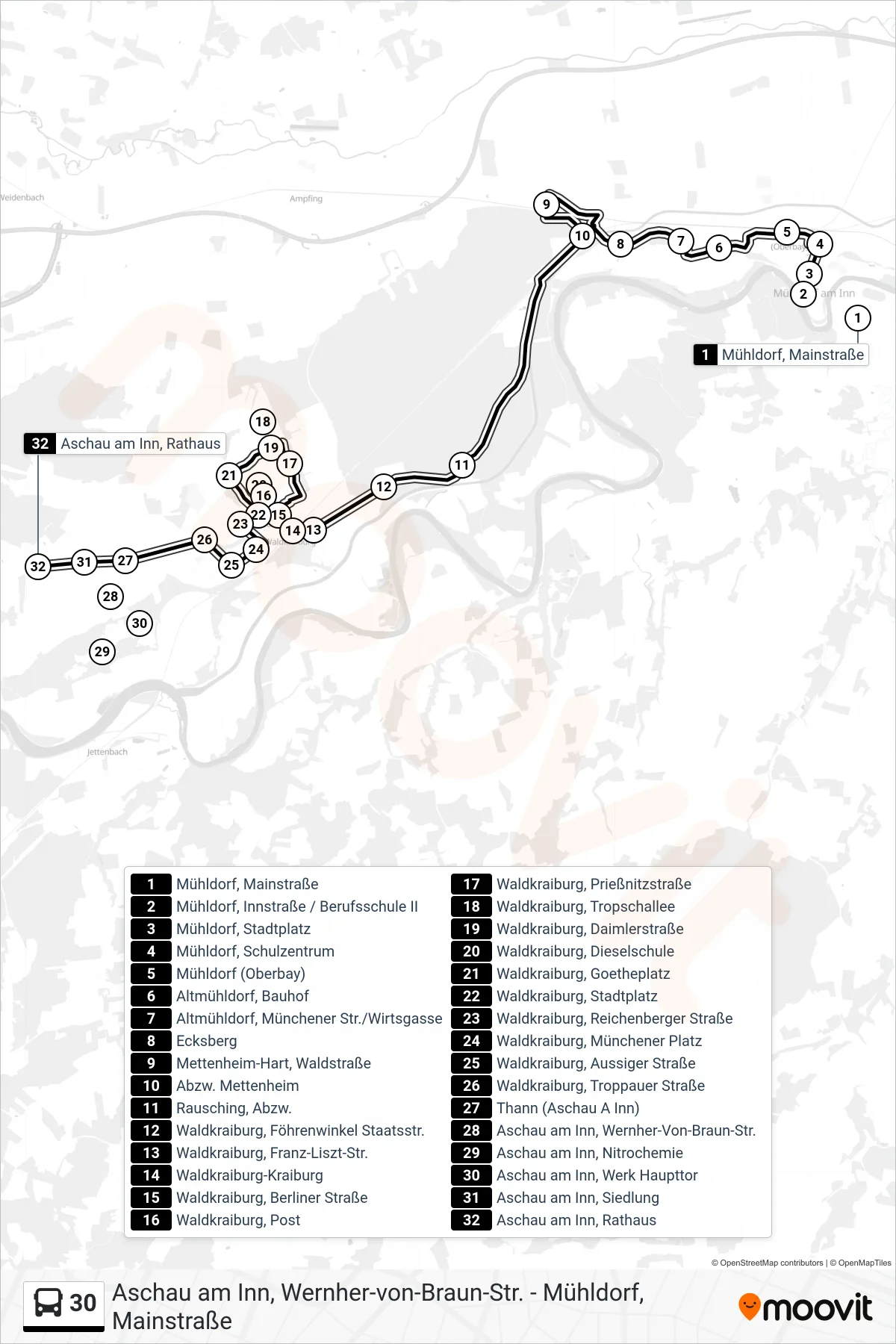 30 bus Line (Aschau am Inn, Rathaus) route and stops on a map