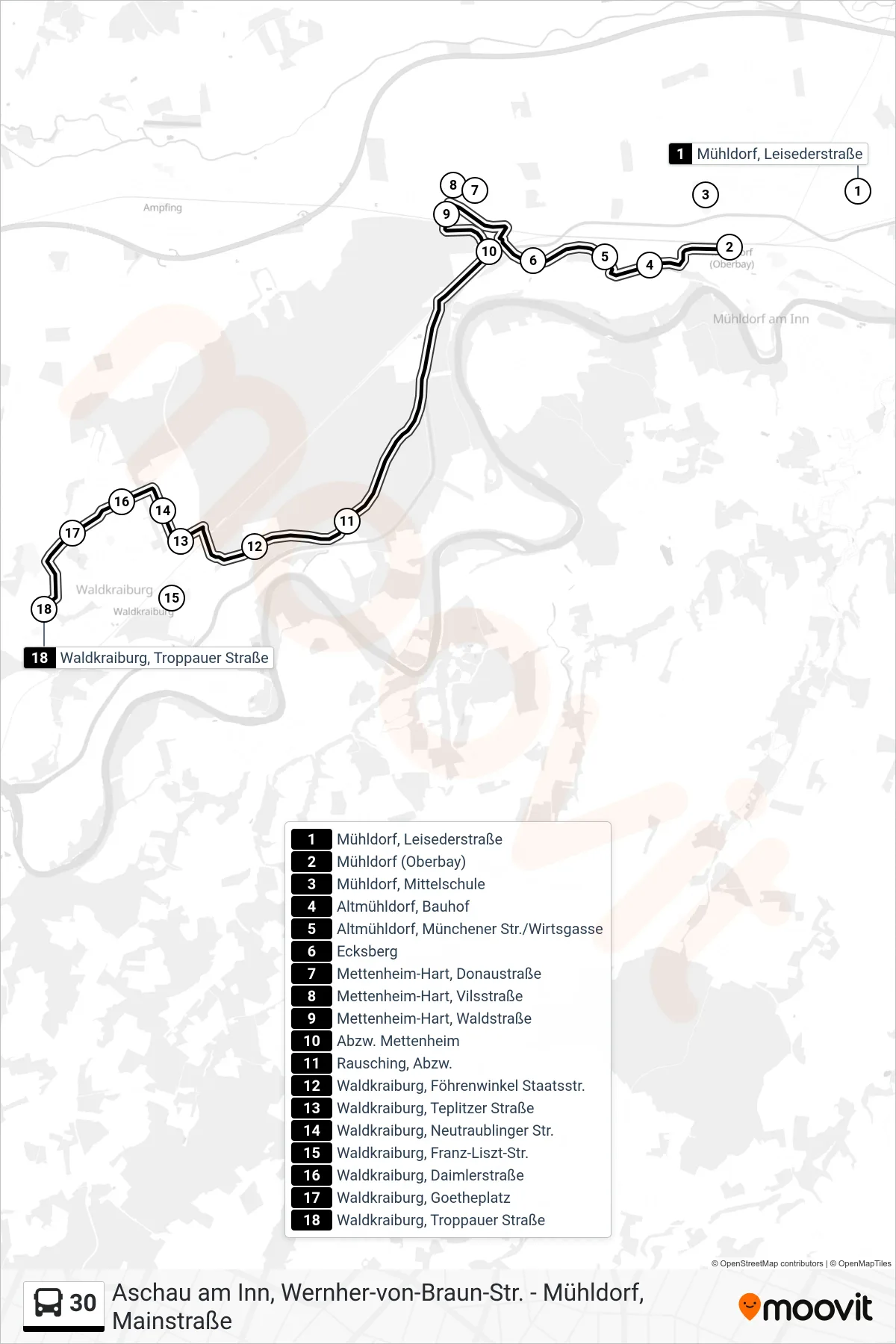 30 bus Line (Waldkraiburg) route and stops on a map