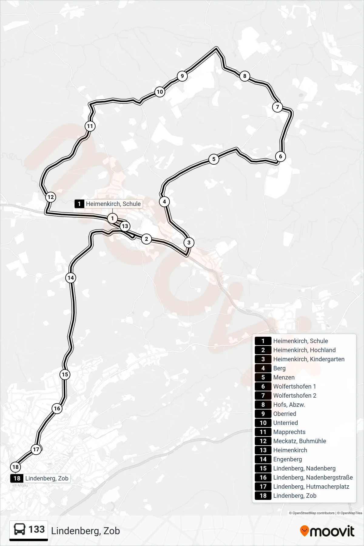 133 bus Line (Lindenberg, Zob) route and stops on a map