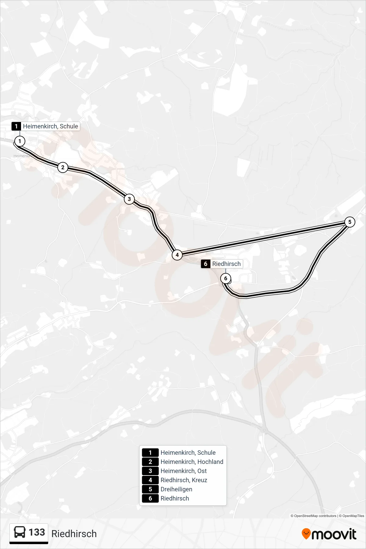133 bus Line (Riedhirsch) route and stops on a map