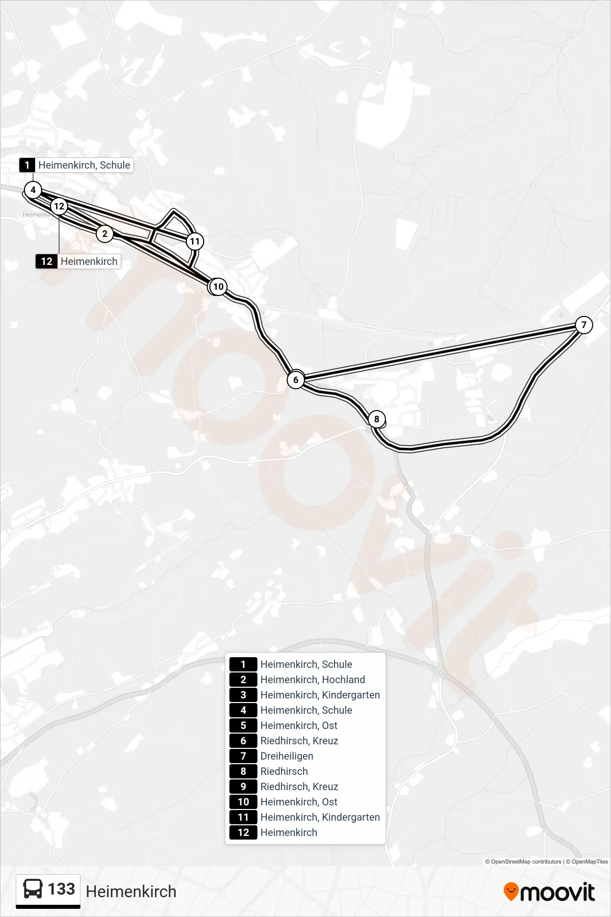 133 bus Line (Heimenkirch) route and stops on a map