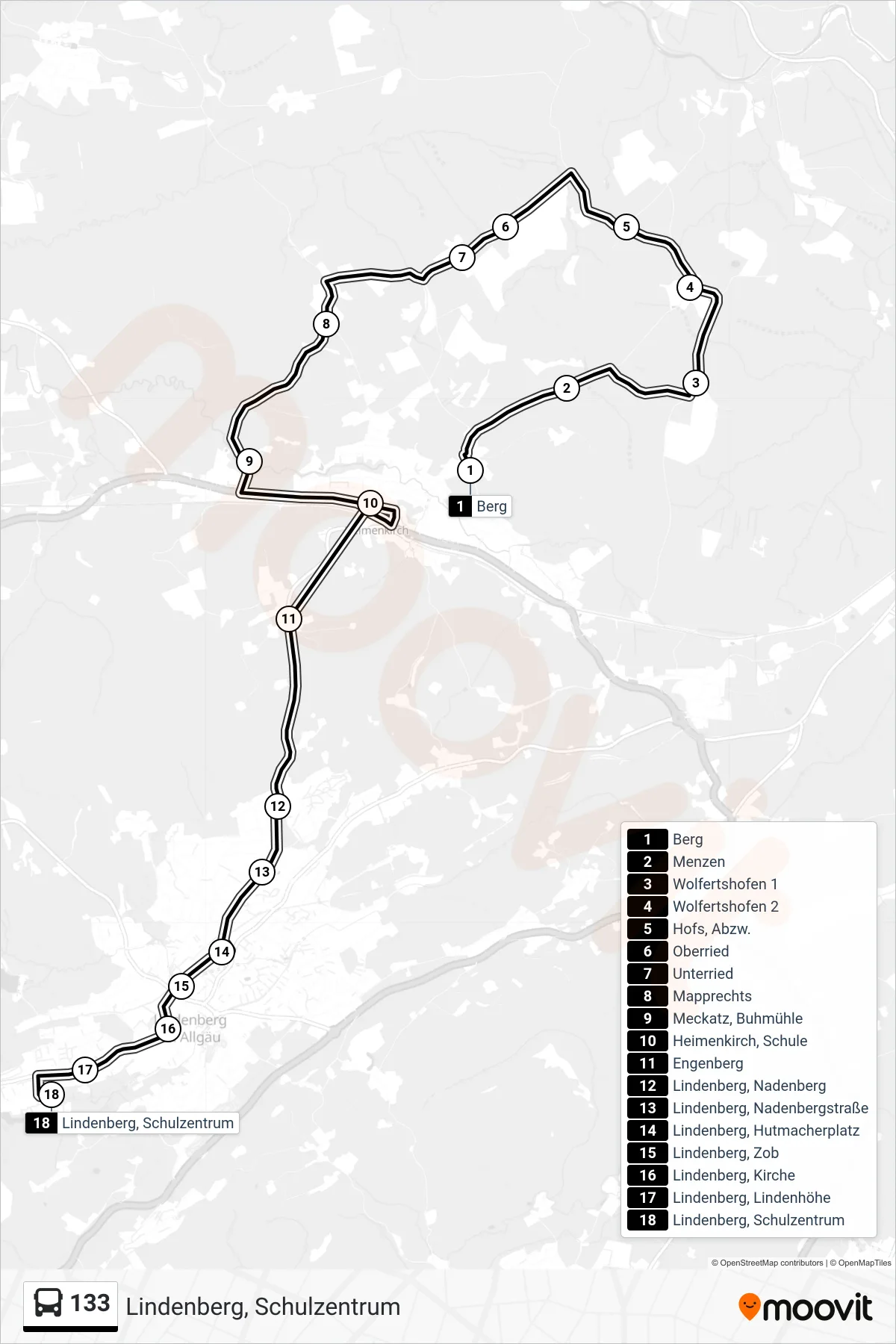 133 bus Line (Lindenberg, Schulzentrum) route and stops on a map