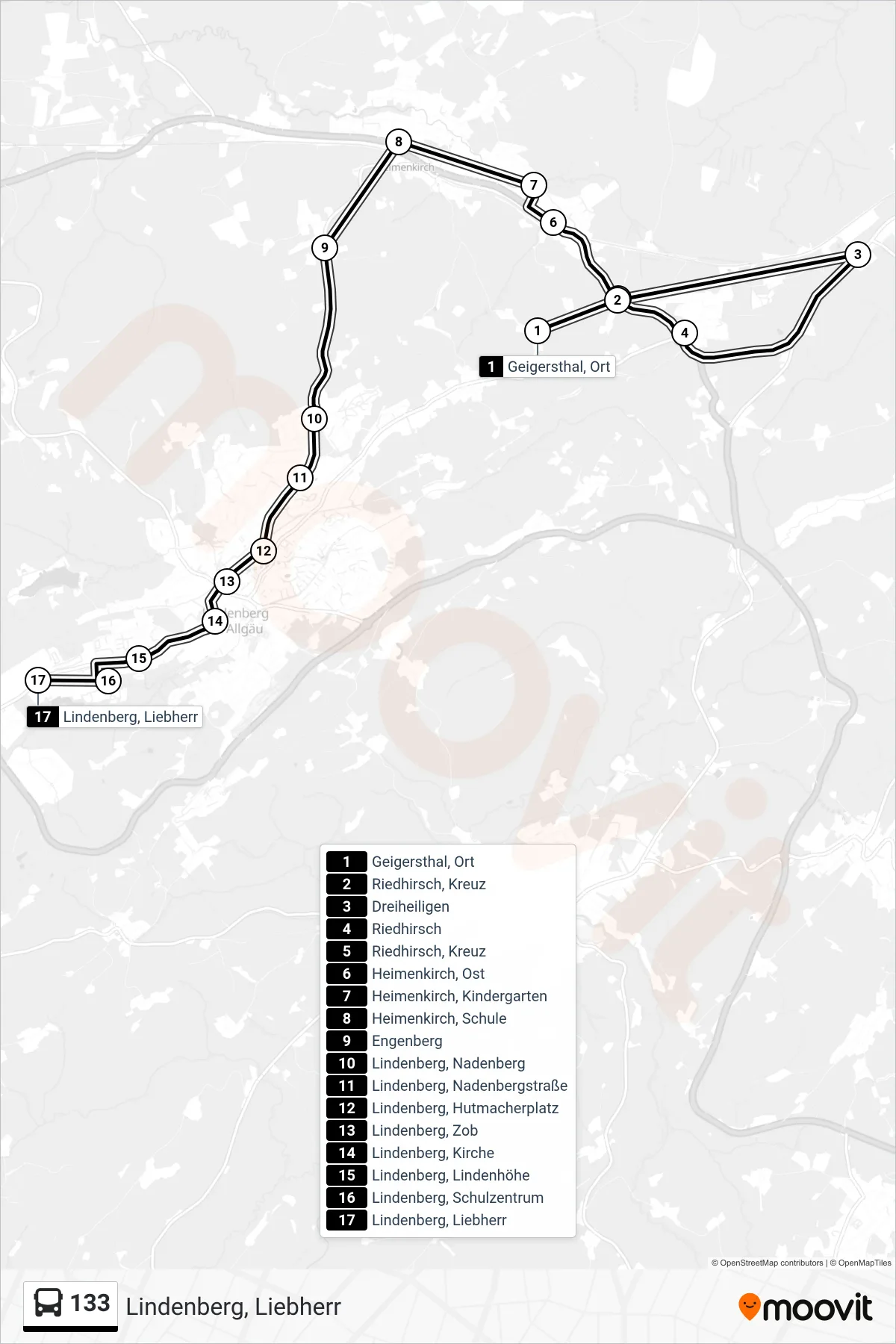 133 bus Line (Lindenberg, Liebherr) route and stops on a map