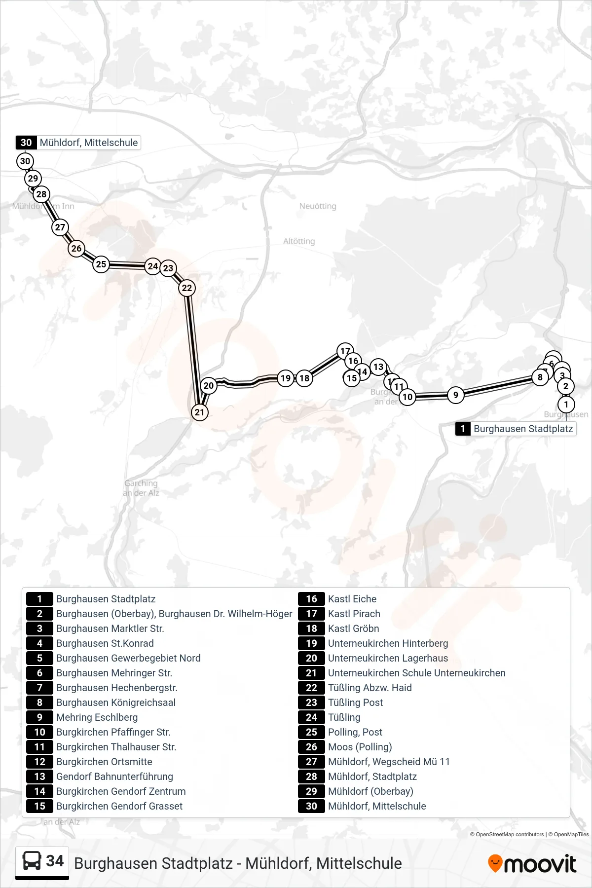 Linie 34 (Bus) Richtung Mühldorf: Route und Haltestellen auf der Karte