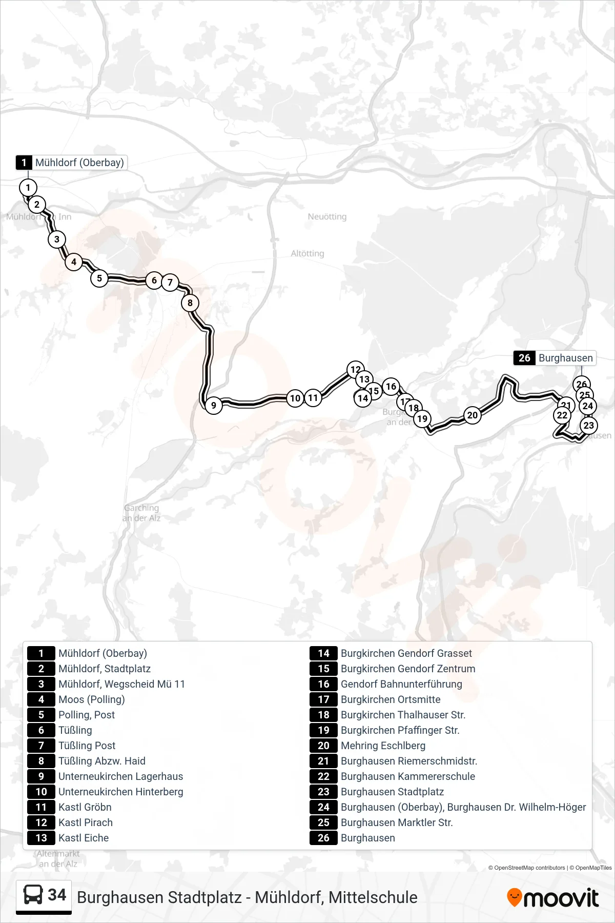 34 bus Line (Burghausen) route and stops on a map