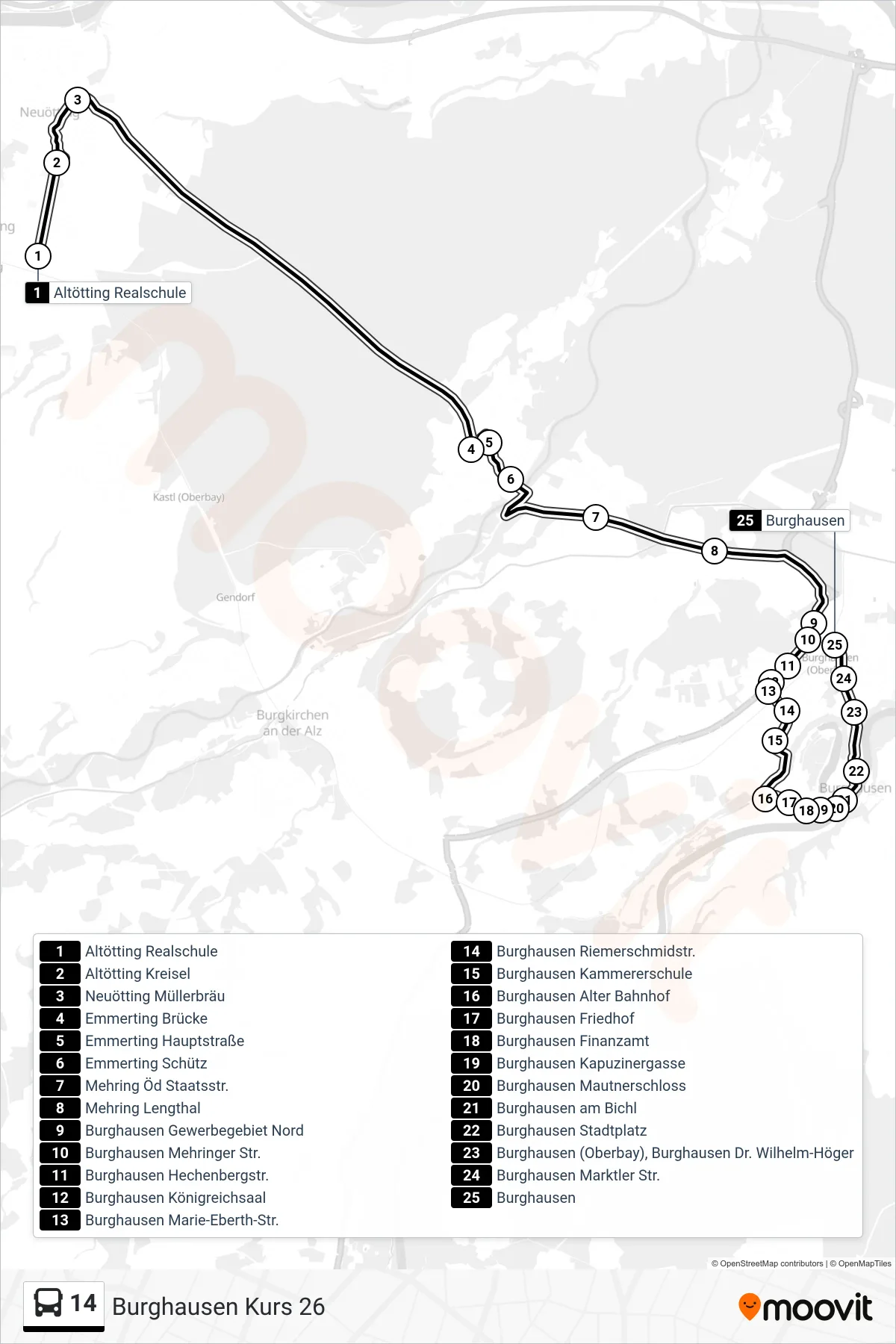 14 bus Line (Burghausen Kurs 26) route and stops on a map
