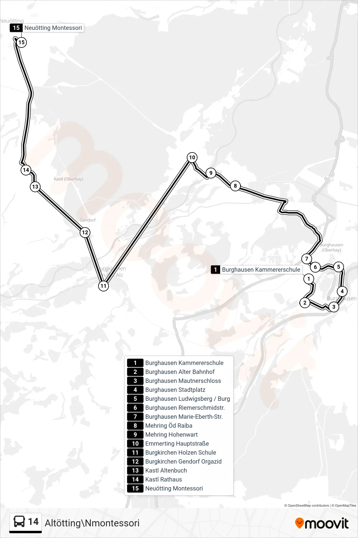 14 bus Line (Altötting\Nmontessori) route and stops on a map