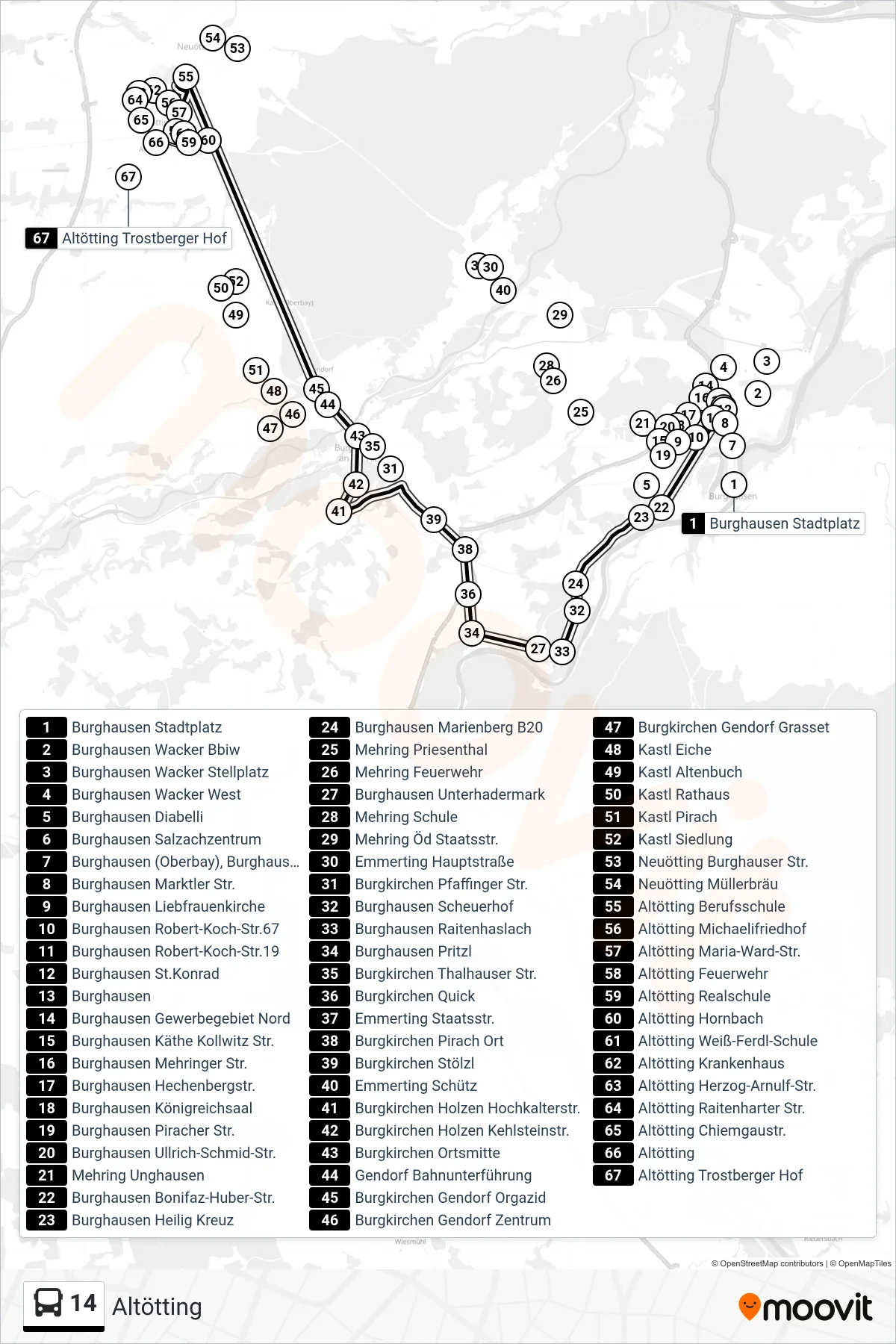 14 bus Line (Altötting) route and stops on a map