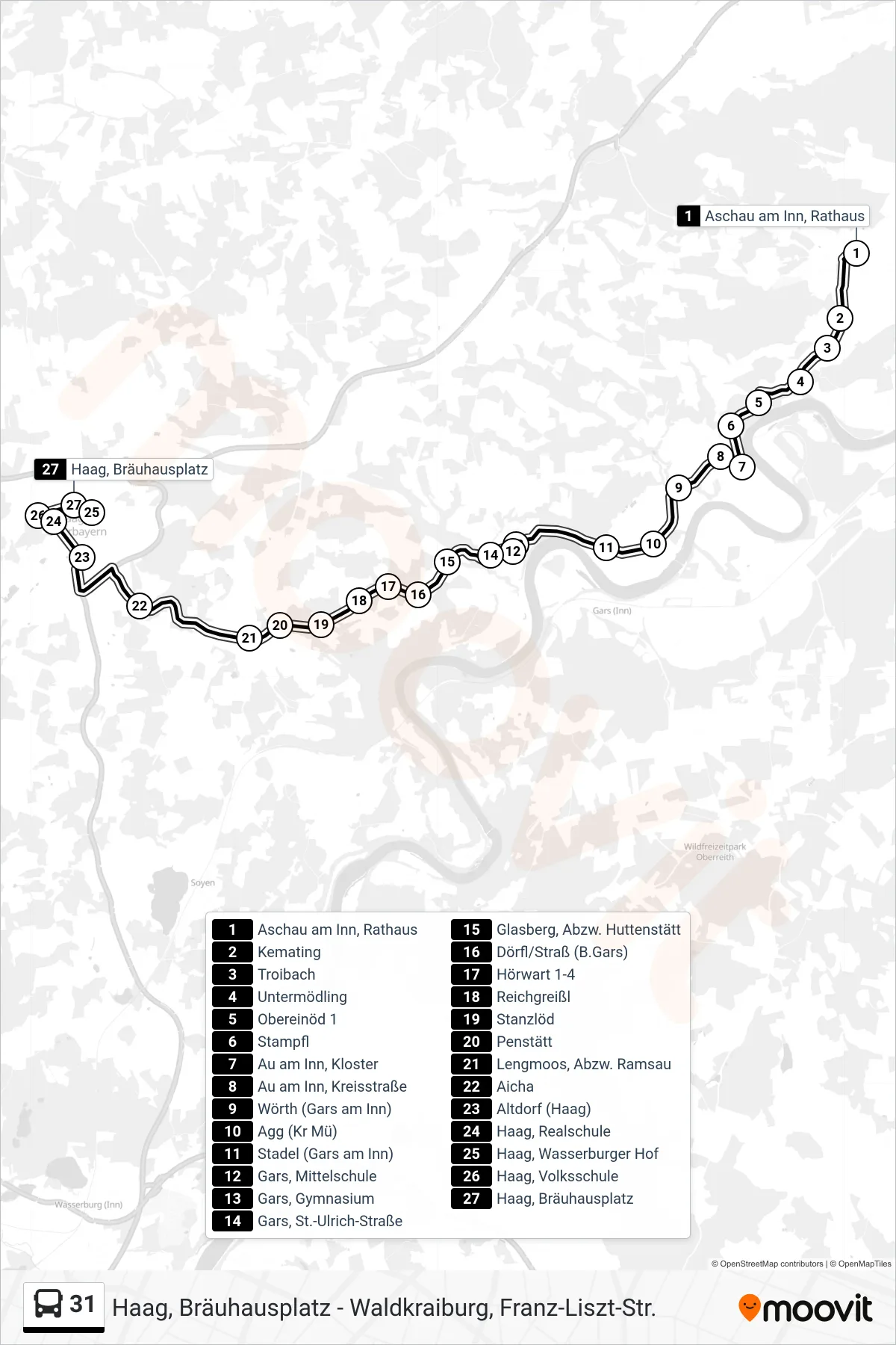 31 bus Line (Haag, Bräuhausplatz) route and stops on a map