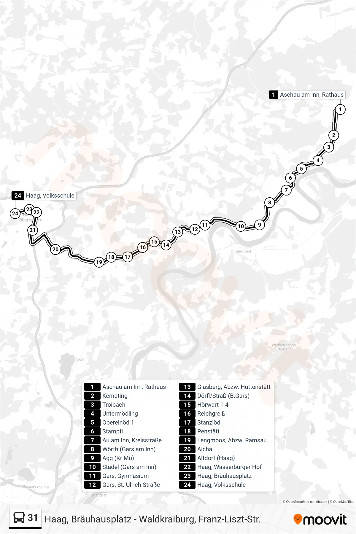 31 bus Line (Haag, Volksschule) route and stops on a map
